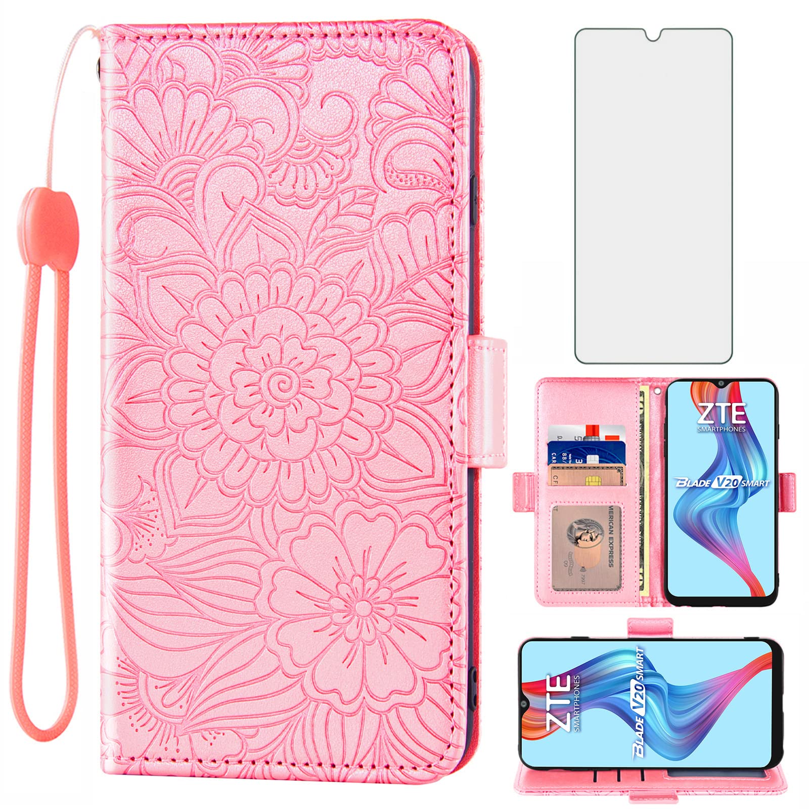 Foto 2 pulgar | Funda Para Teléfono Móvil Wallet + Cristal Templado Zte Blade V20 Smart Rose - Venta Internacional.