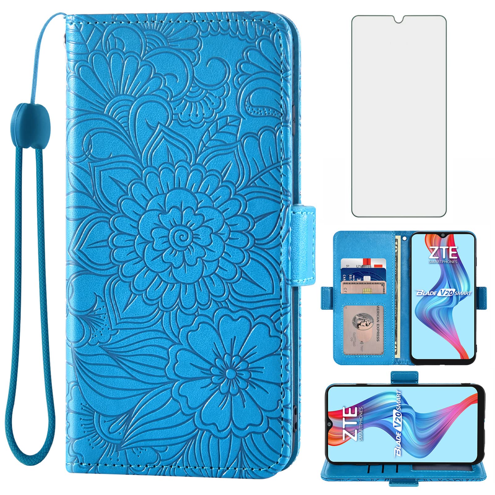 Foto 2 pulgar | Funda Para Teléfono Móvil Wallet + Cristal Templado Zte Blade V20 Smart Blue - Venta Internacional
