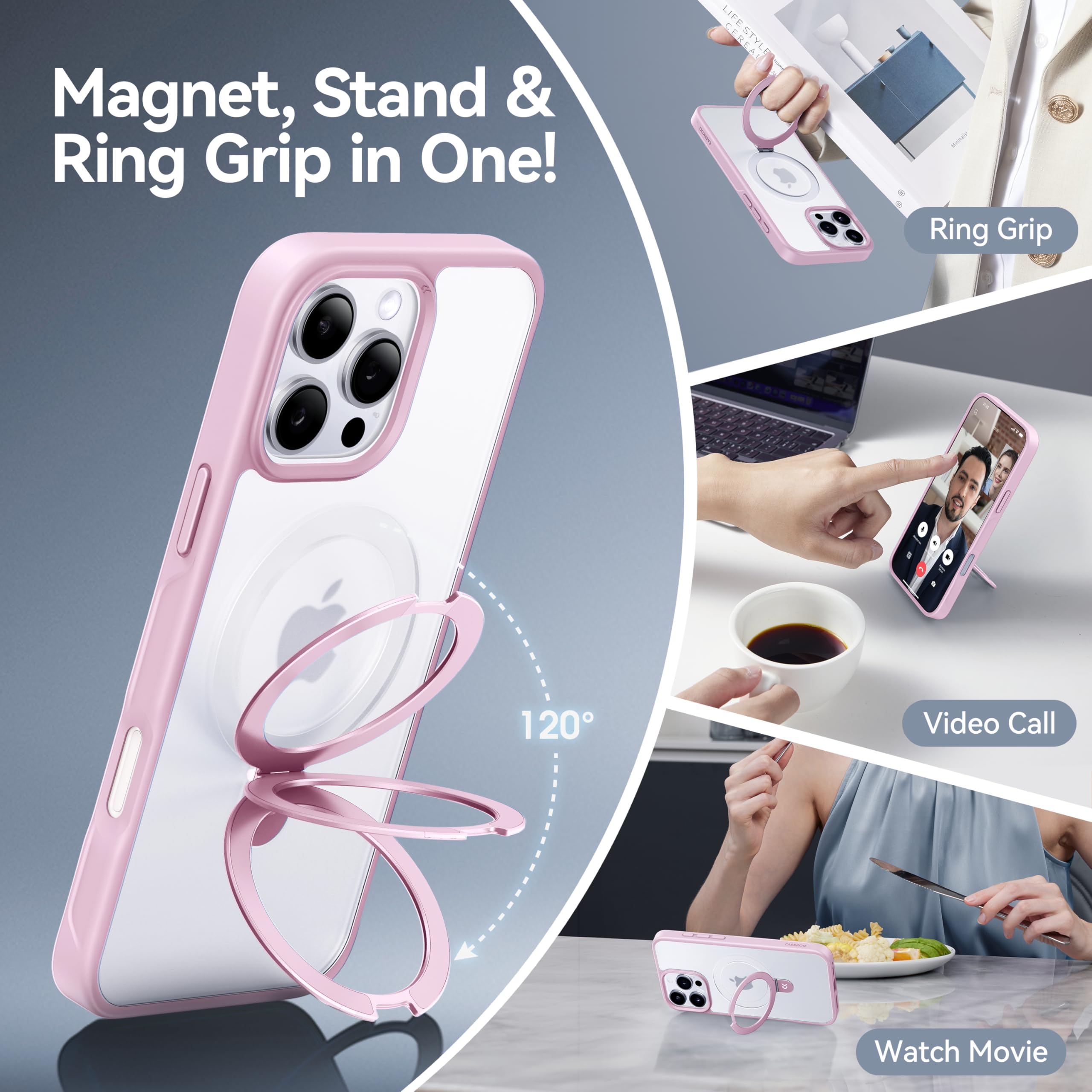 Foto 4 pulgar | Funda De Teléfono Casekoo Diseñada Para Iphone 16 Pro Con Soporte Rosa - Venta Internacional.