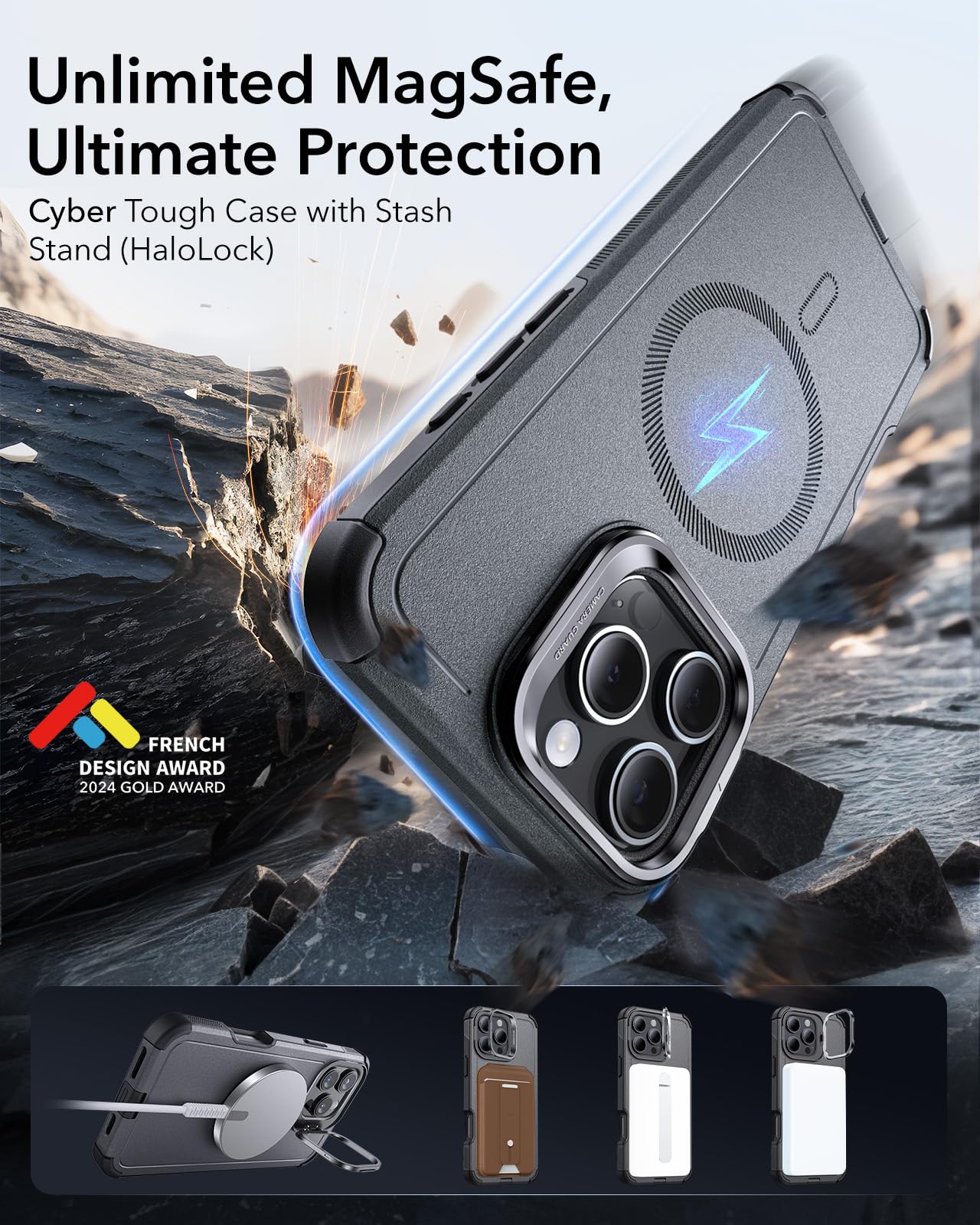 Foto 4 pulgar | Funda Esr Para Iphone 16 Pro Con Soporte Magnético, Color Gris - Venta Internacional.