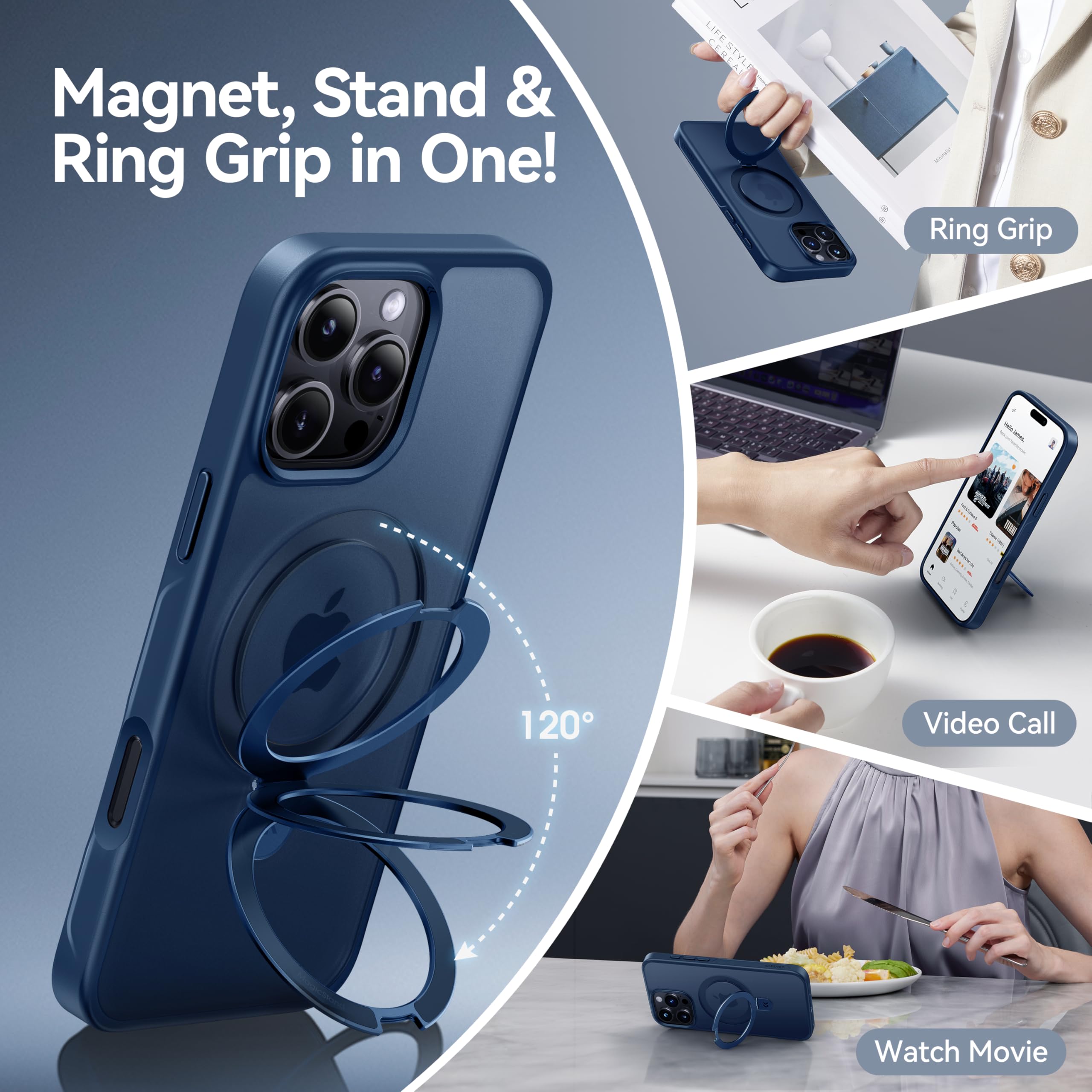 Foto 4 pulgar | Funda De Teléfono Casekoo Diseñada Para Iphone 16 Pro Con Soporte Azul - Venta Internacional.
