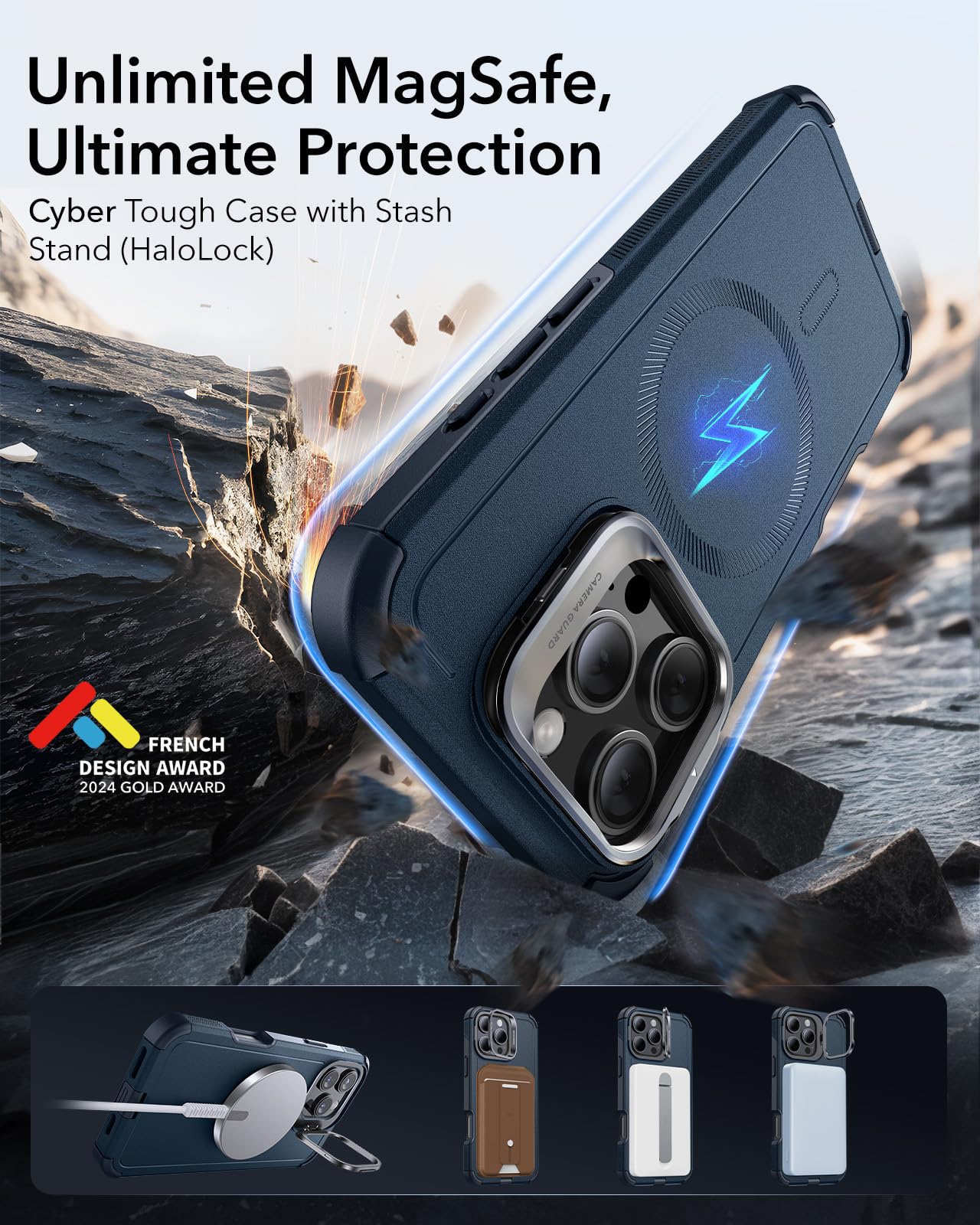 Foto 4 pulgar | Funda Esr Para Iphone 16 Pro Con Soporte Azul Marino - Venta Internacional.