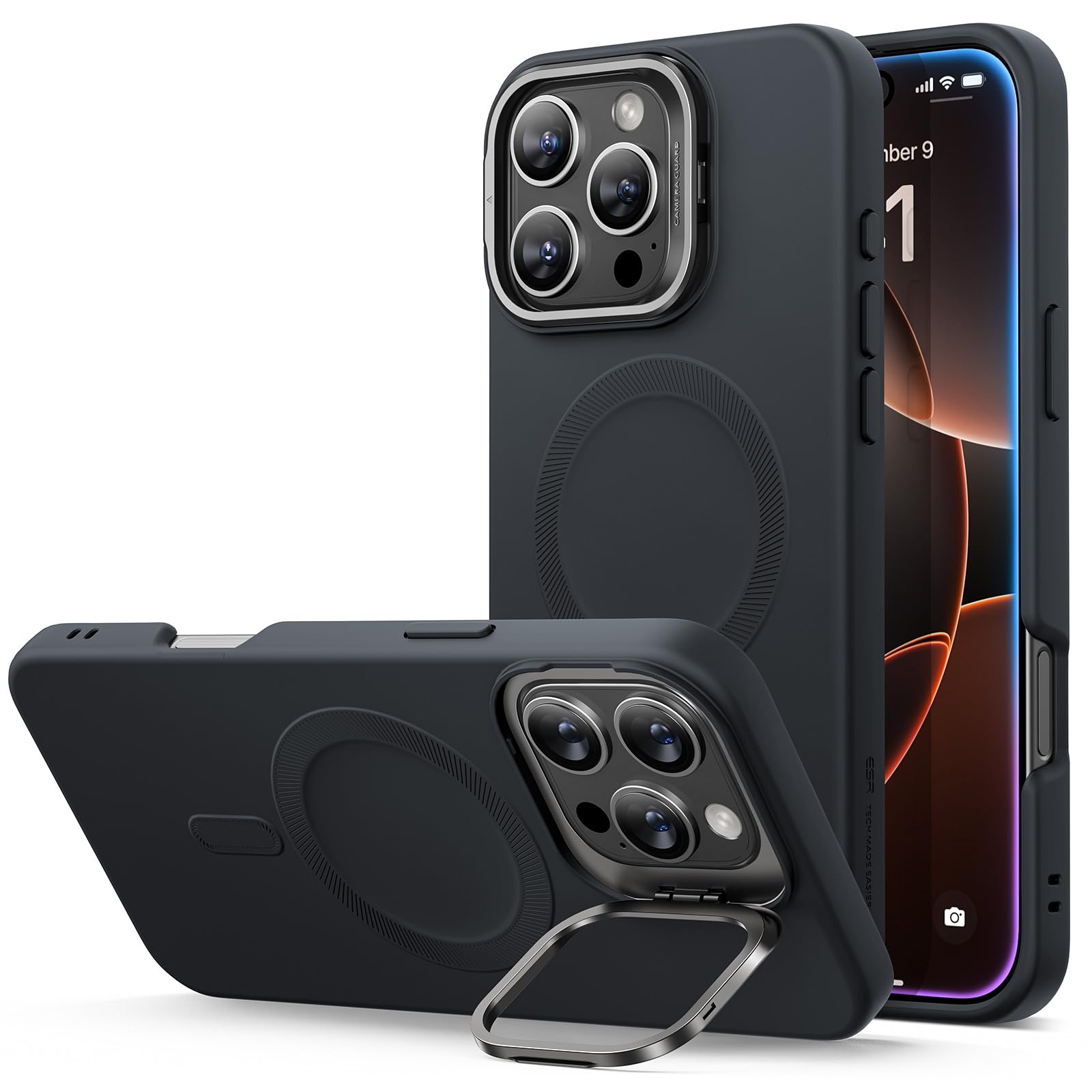 Funda Esr Para Iphone 16 Pro De Silicona Con Soporte Negro - Venta Internacional.