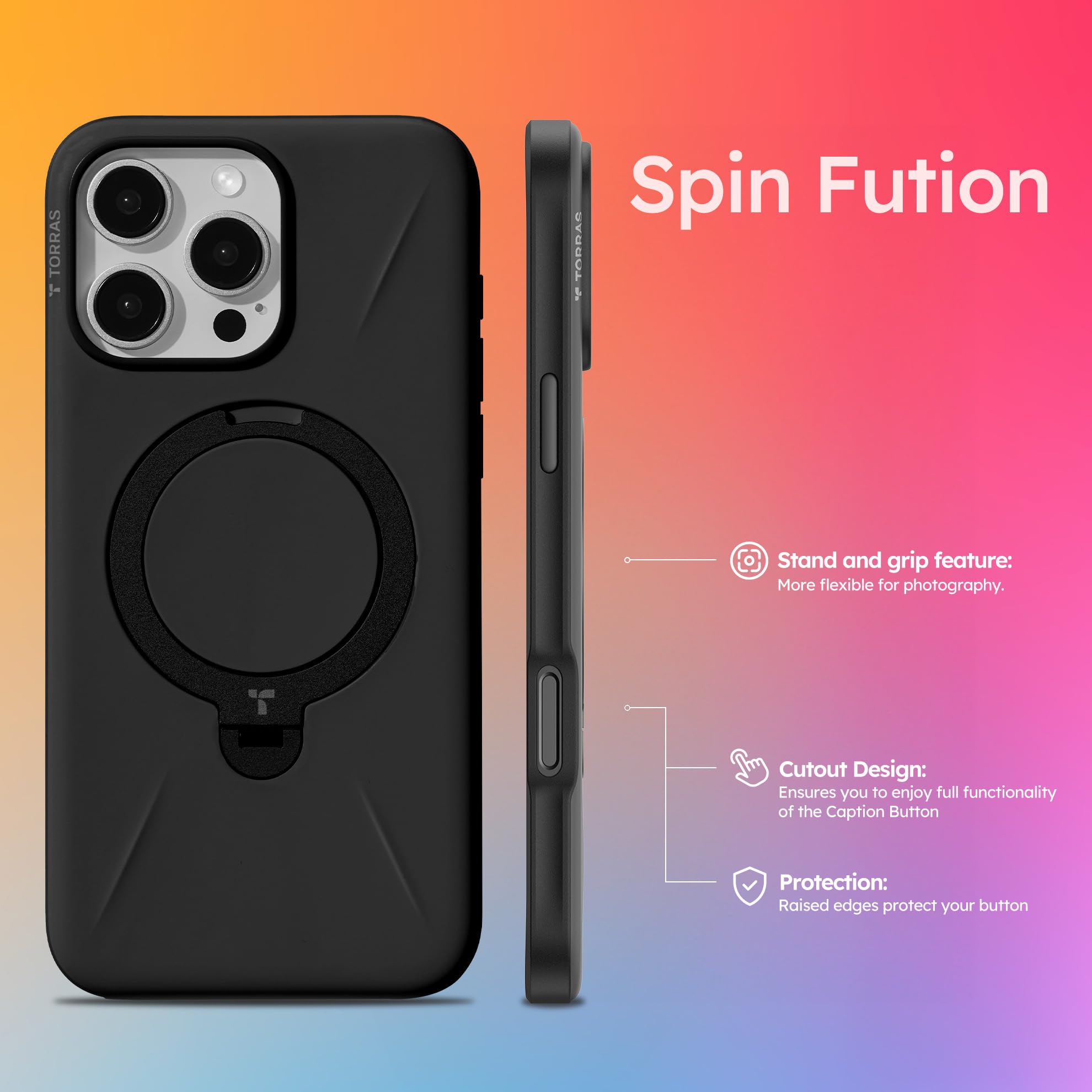 Foto 2 | Funda De Teléfono Torras Ostand Spin Para Iphone 16 Pro, Negro Ónix - Venta Internacional.