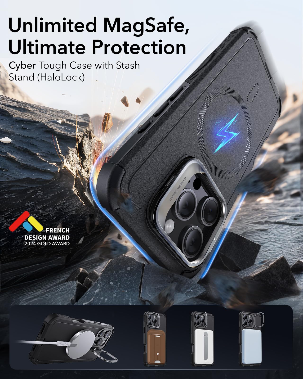 Foto 4 pulgar | Funda De Teléfono Esr Para Iphone 16 Pro Max Con Soporte Black Cyber Series - Venta Internacional.
