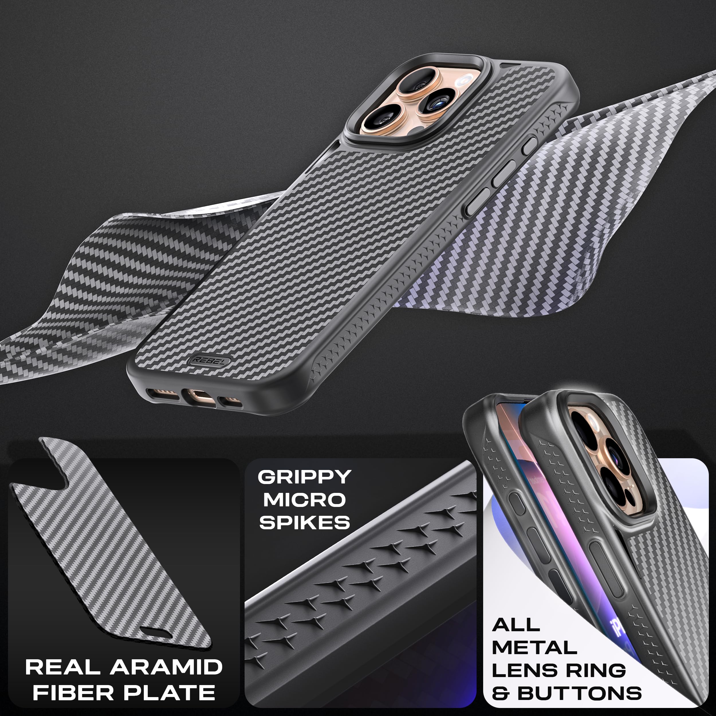 Foto 4 pulgar | Funda Rebel Para Iphone 16 Pro Max Gen-6 De Fibra De Aramida Negra - Venta Internacional.