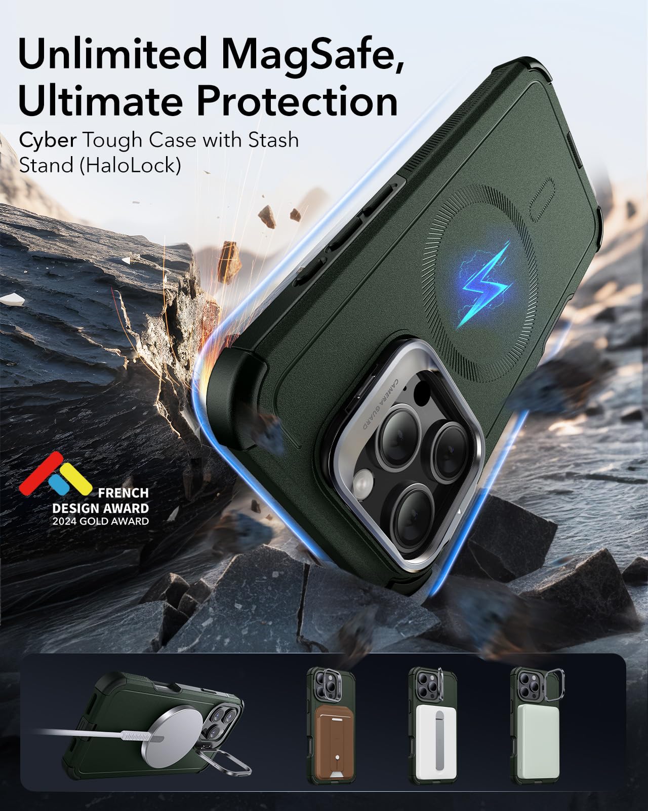 Foto 4 pulgar | Funda De Teléfono Esr Para Iphone 16 Pro Max Con Soporte Green Cyber Series - Venta Internacional.