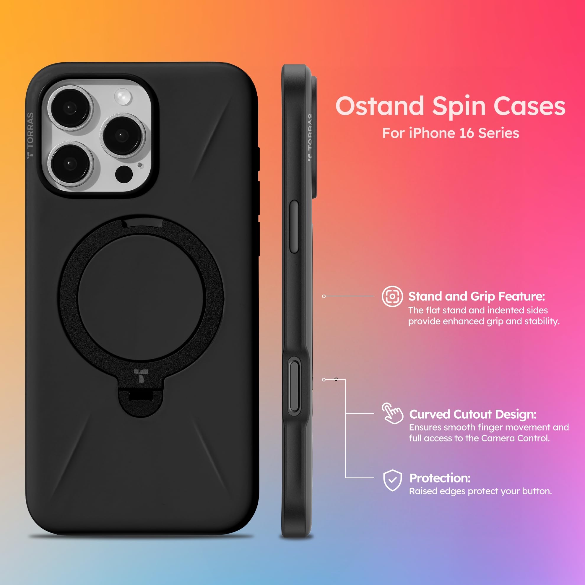 Foto 2 | Funda De Teléfono Torras Ostand Spin Para Iphone 16 Pro Max Negra - Venta Internacional.
