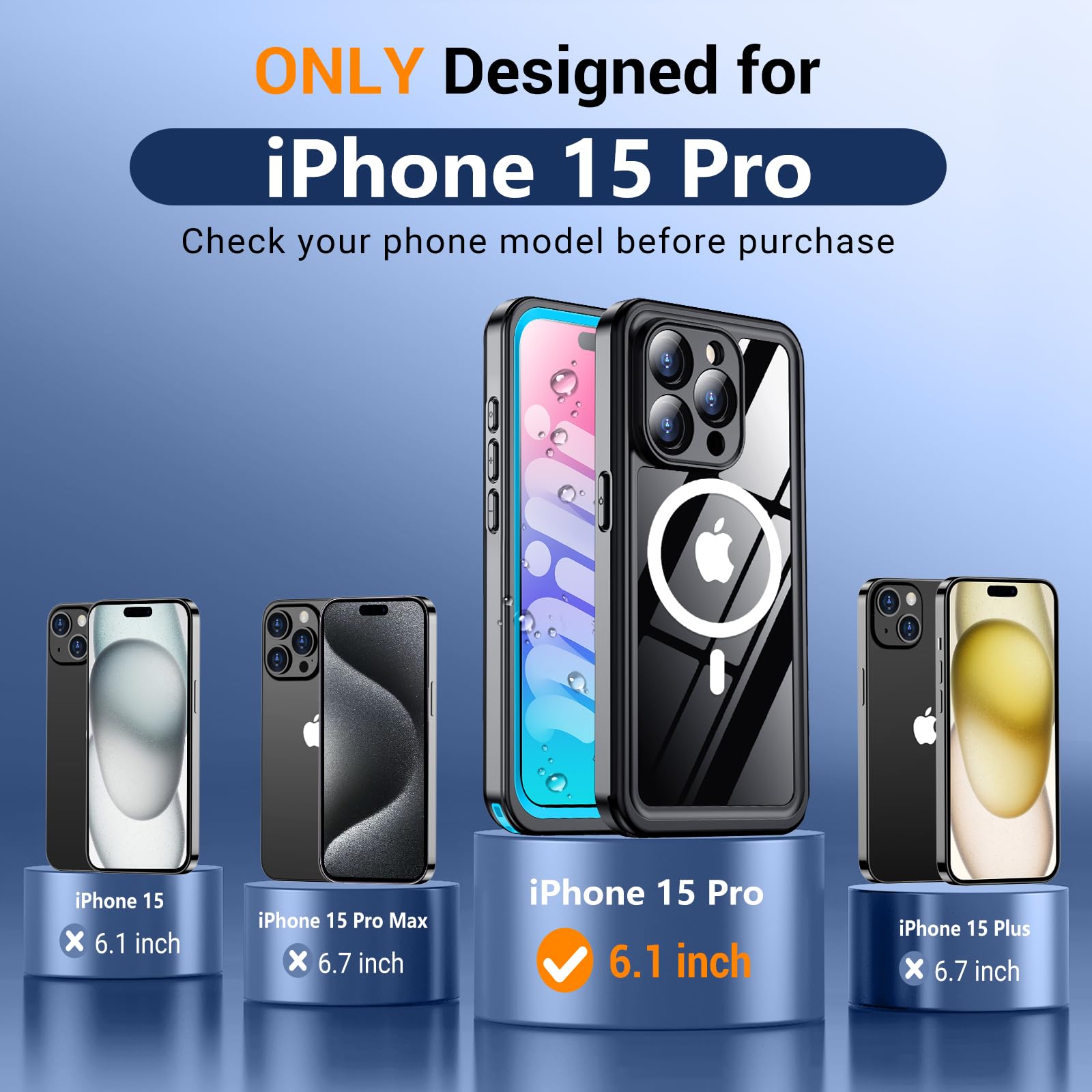 Foto 3 pulgar | Funda De Teléfono Temdan Magnética Impermeable Para Iphone 15 Pro Azul - Venta Internacional.