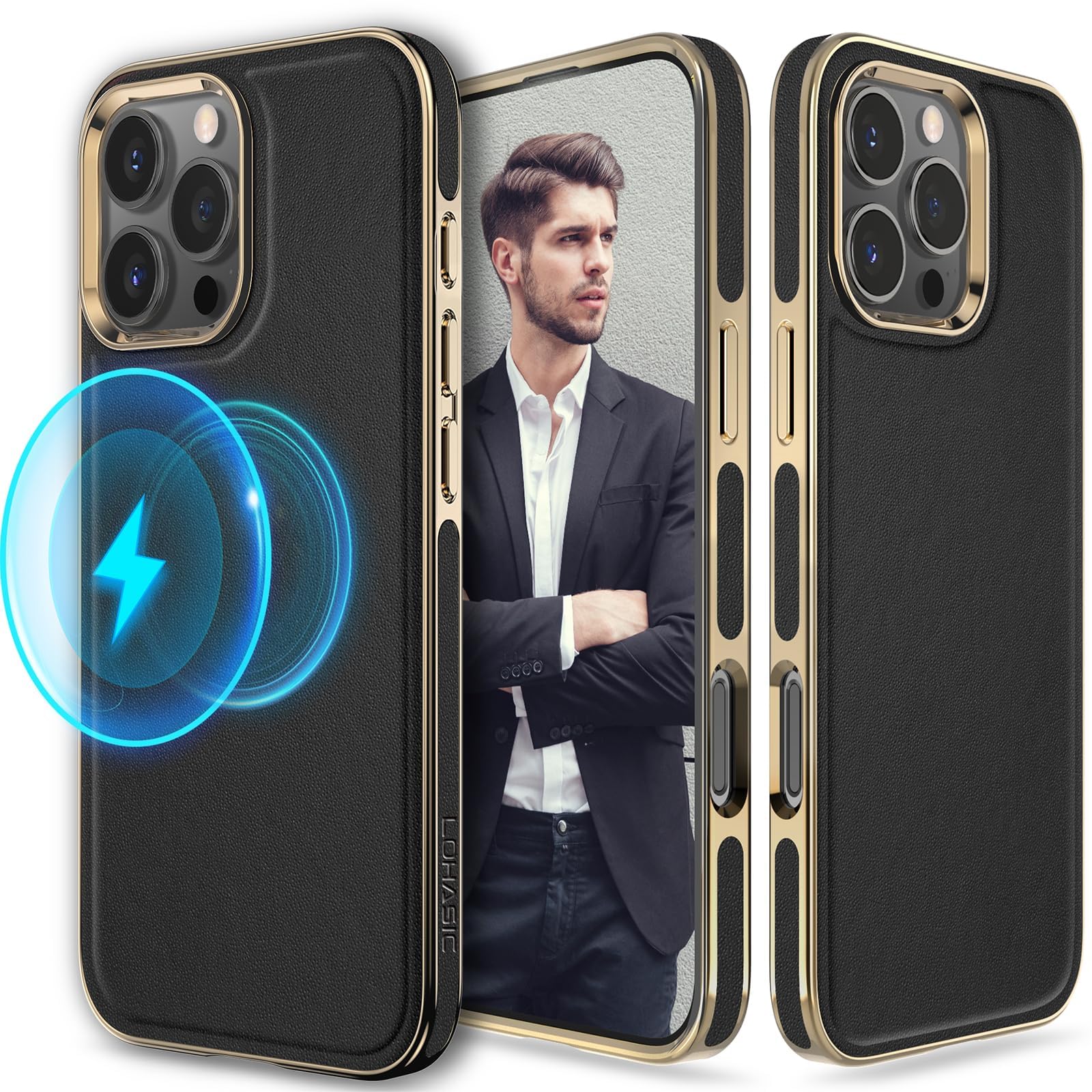 Foto 2 pulgar | Funda De Teléfono Lohasic Para Iphone 16 Pro De Piel Negra Y Dorada - Venta Internacional.