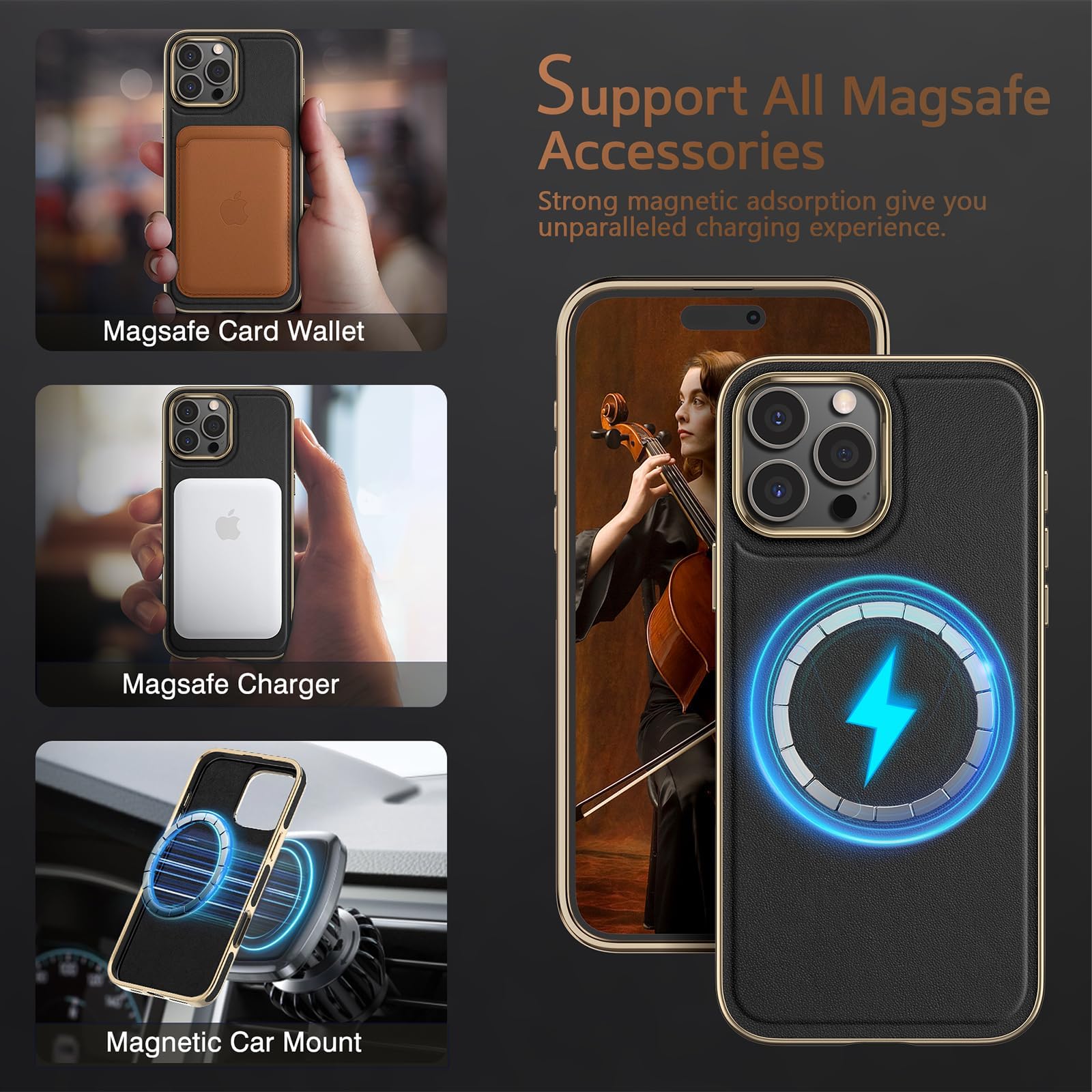 Foto 4 pulgar | Funda De Teléfono Lohasic Para Iphone 16 Pro De Piel Negra Y Dorada - Venta Internacional.