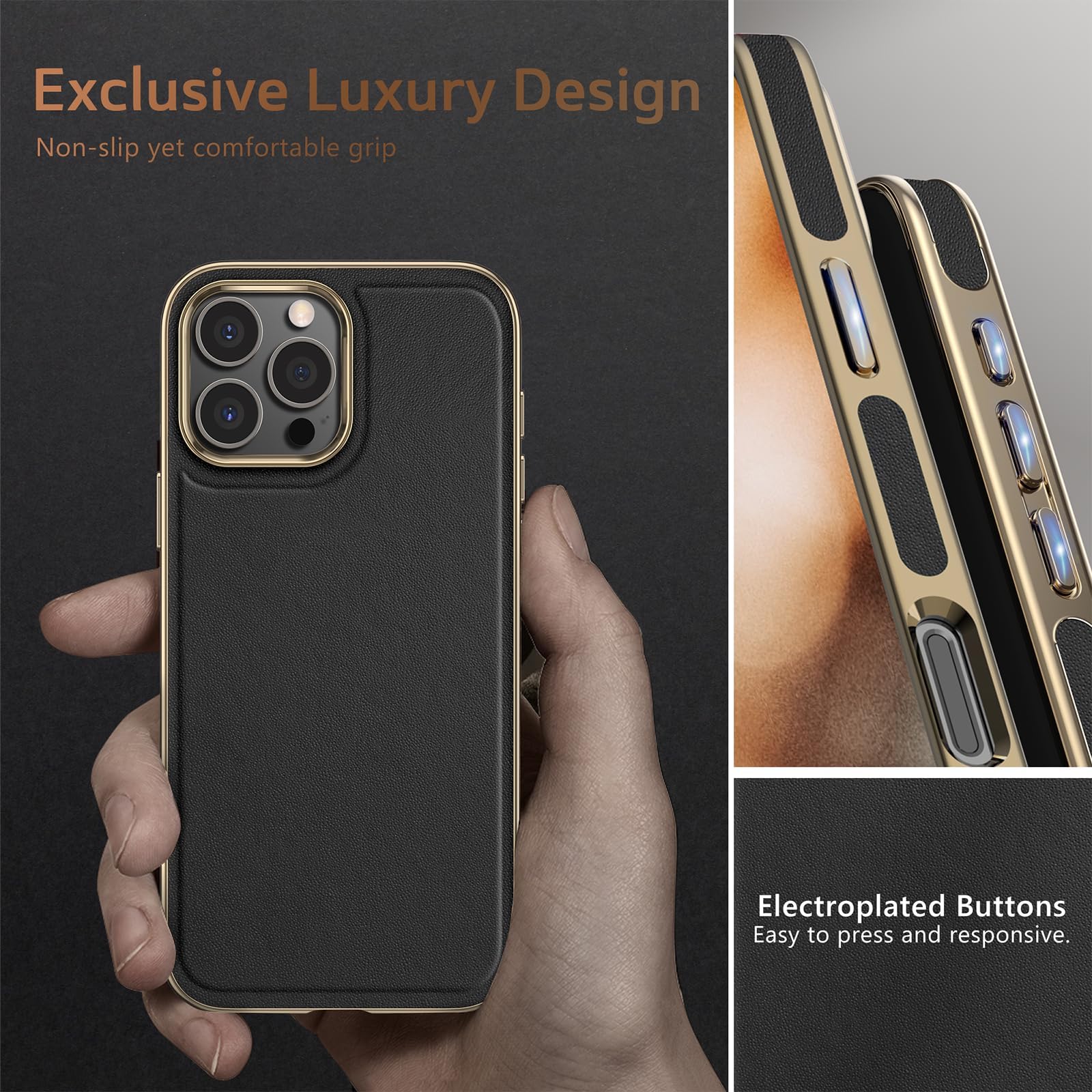 Foto 6 pulgar | Funda De Teléfono Lohasic Para Iphone 16 Pro De Piel Negra Y Dorada - Venta Internacional.