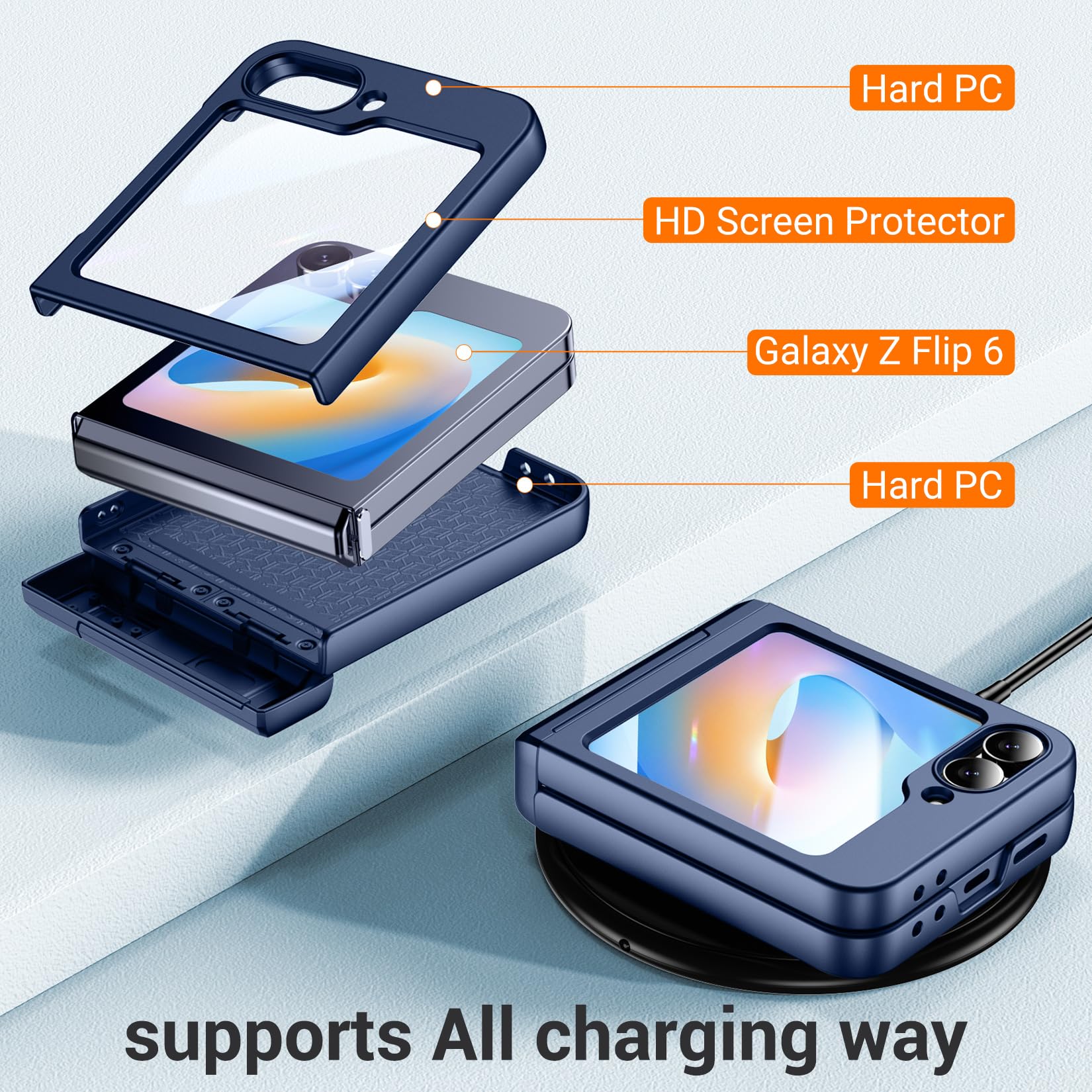 Foto 5 pulgar | Funda De Teléfono Temdan Para Samsung Galaxy Z Flip 6, Color Azul Marino - Venta Internacional.