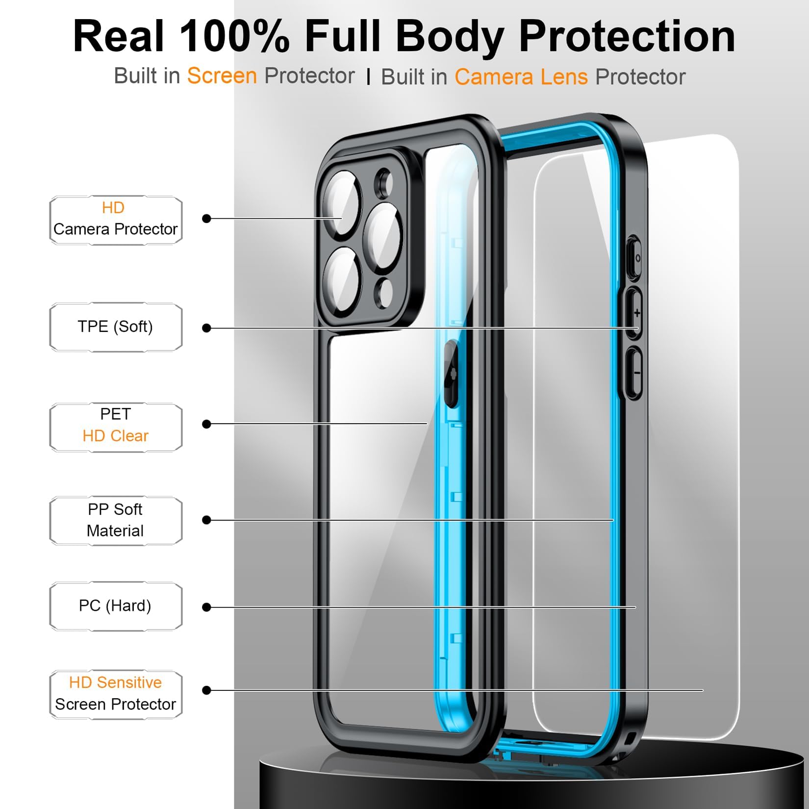 Foto 5 pulgar | Funda Impermeable Temdan Para Iphone 15 Pro Max Azul/transparente - Venta Internacional.