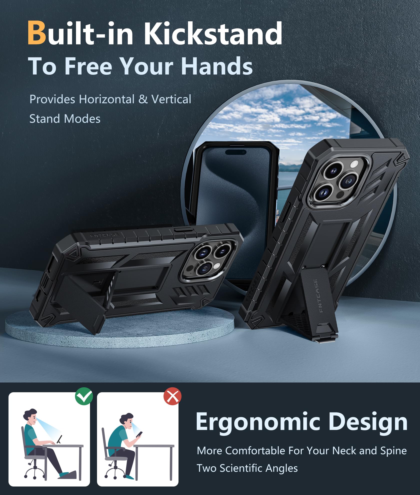 Foto 4 pulgar | Funda De Teléfono Fntcase Para Iphone 15 Pro Max Con Soporte Negro - Venta Internacional.