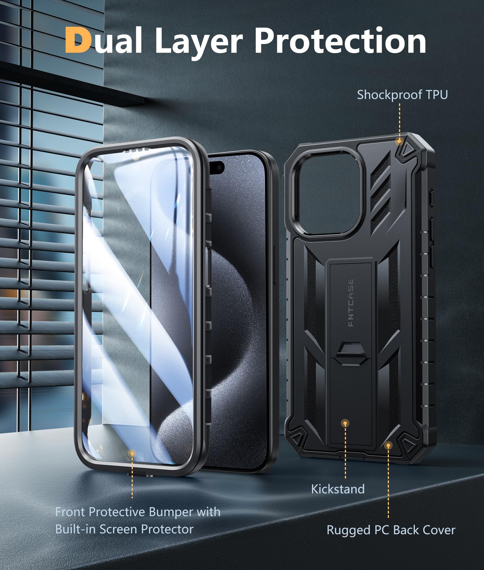 Foto 8 pulgar | Funda De Teléfono Fntcase Para Iphone 15 Pro Max Con Soporte Negro - Venta Internacional.