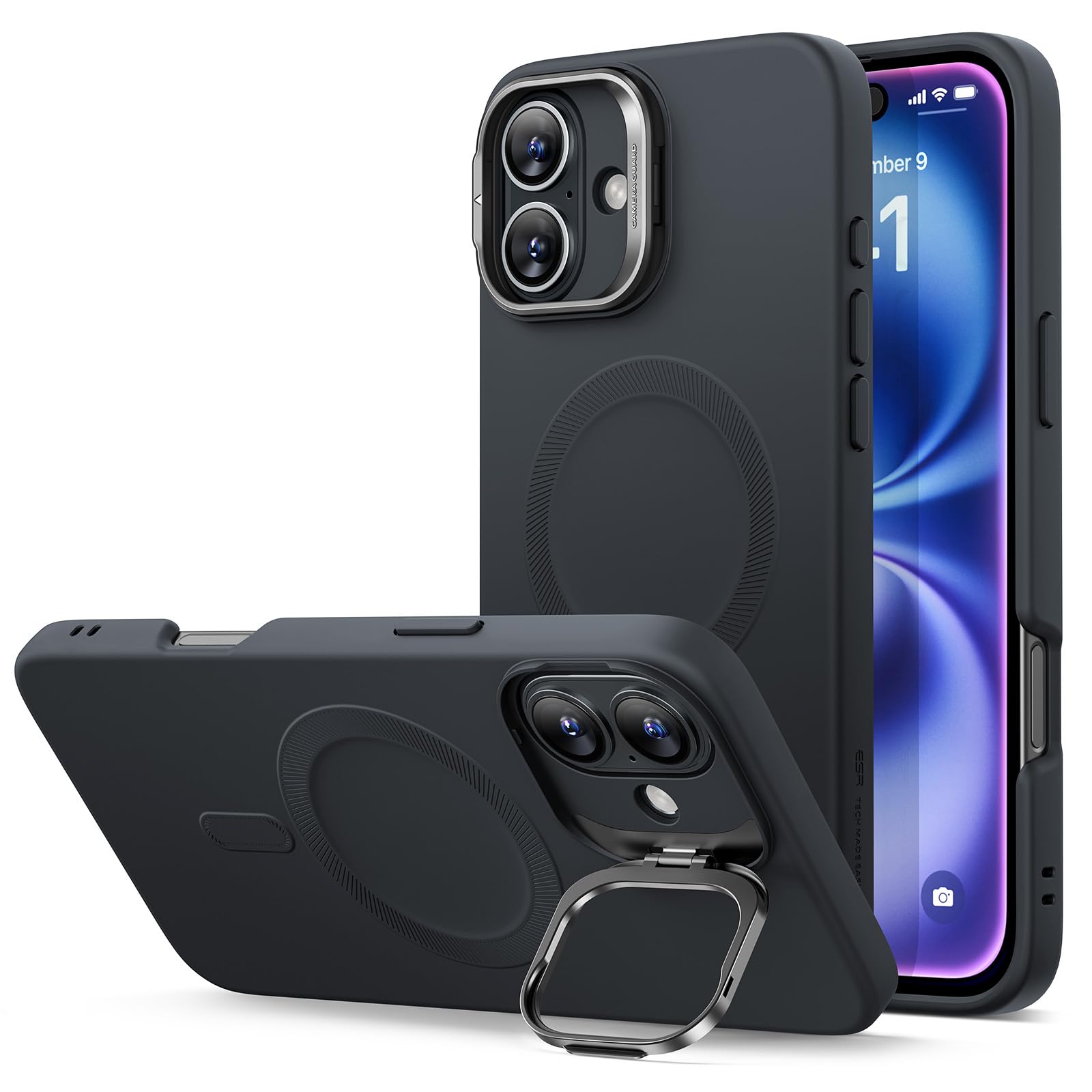 Foto 2 pulgar | Funda De Silicona Esr Con Soporte Para Iphone 16 Plus, Color Negro - Venta Internacional.