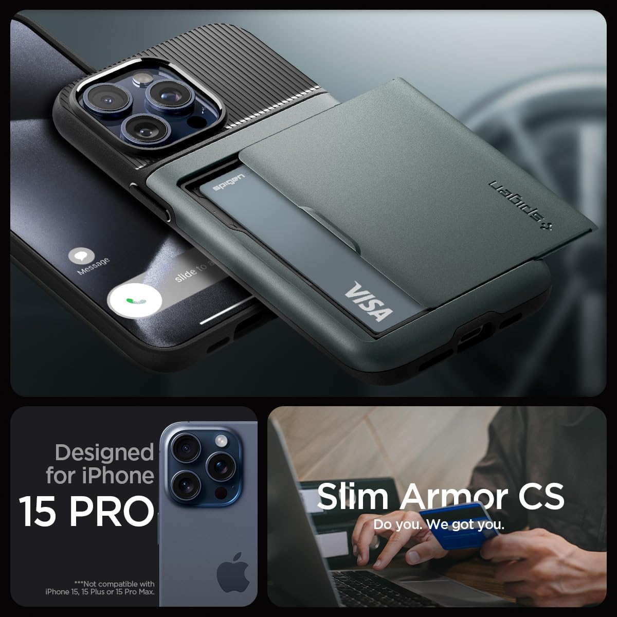 Foto 3 pulgar | Funda Spigen Slim Armor Cs Para Iphone 15 Pro, Color Verde Abismo - Venta Internacional.