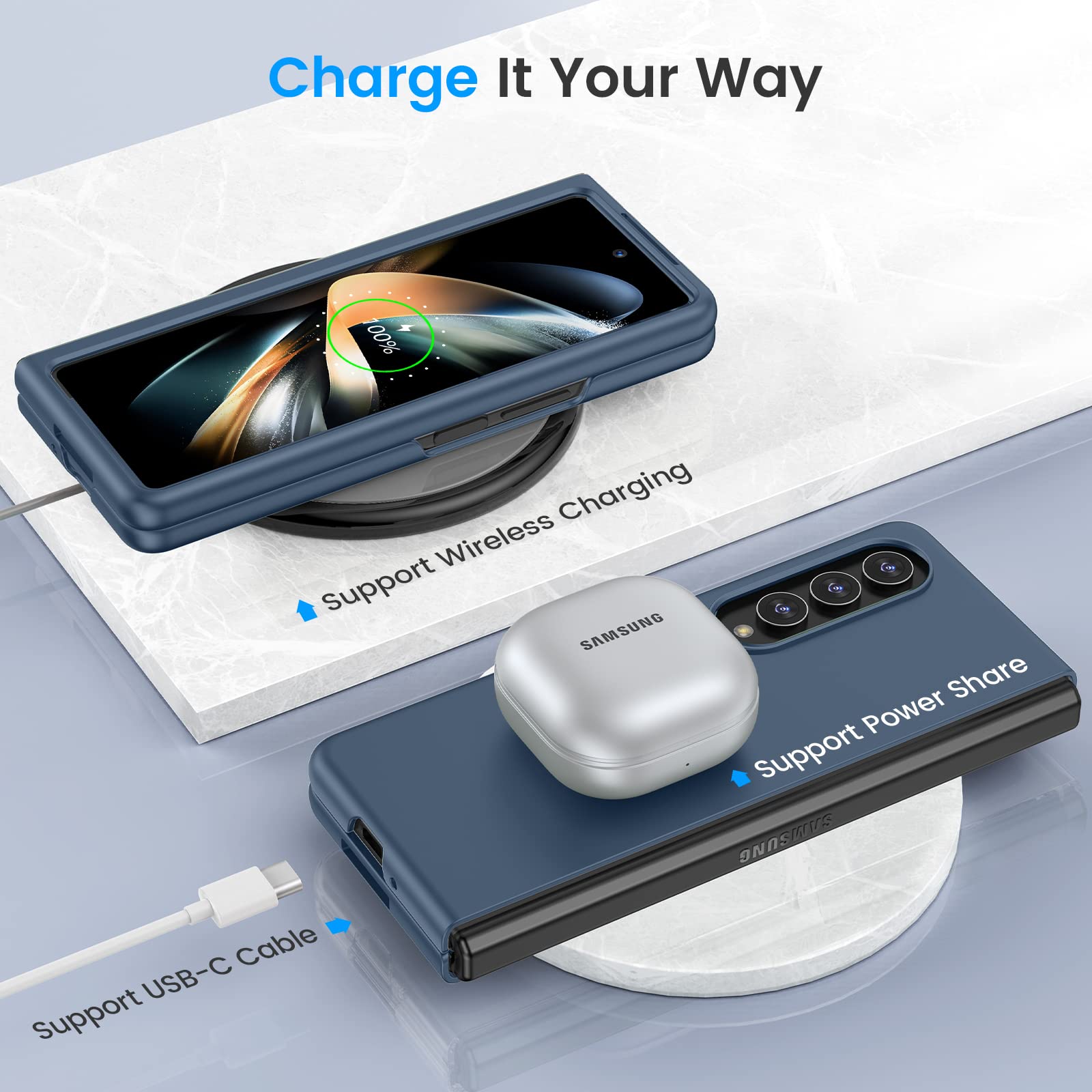 Foto 3 | Funda De Teléfono Ruky Para Samsung Galaxy Z Fold 4 De Cuerpo Completo, Azul Oscuro - Venta Internacional.
