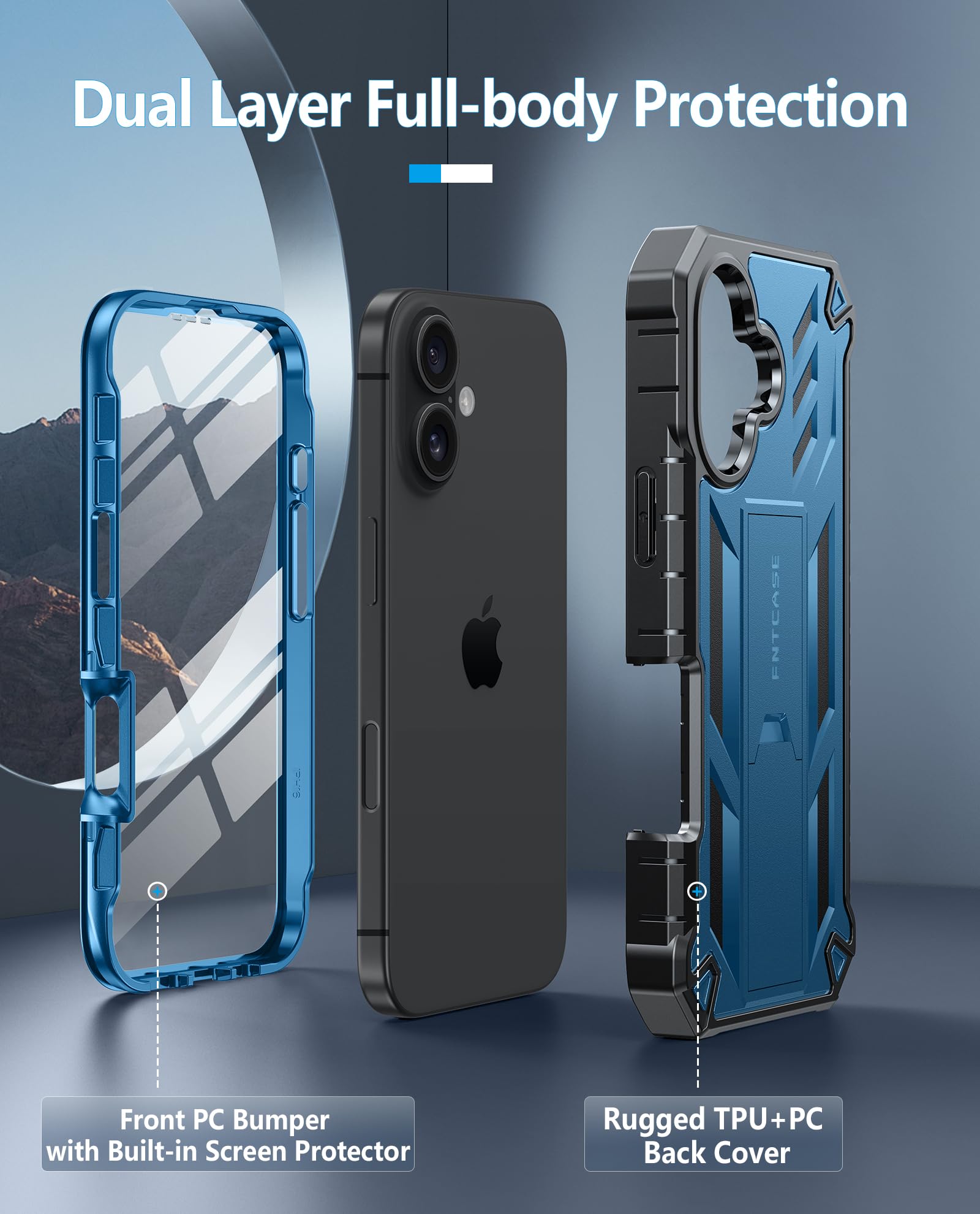 Foto 4 pulgar | Funda De Teléfono Fntcase Para Iphone 16 Plus Con Soporte Azul - Venta Internacional.