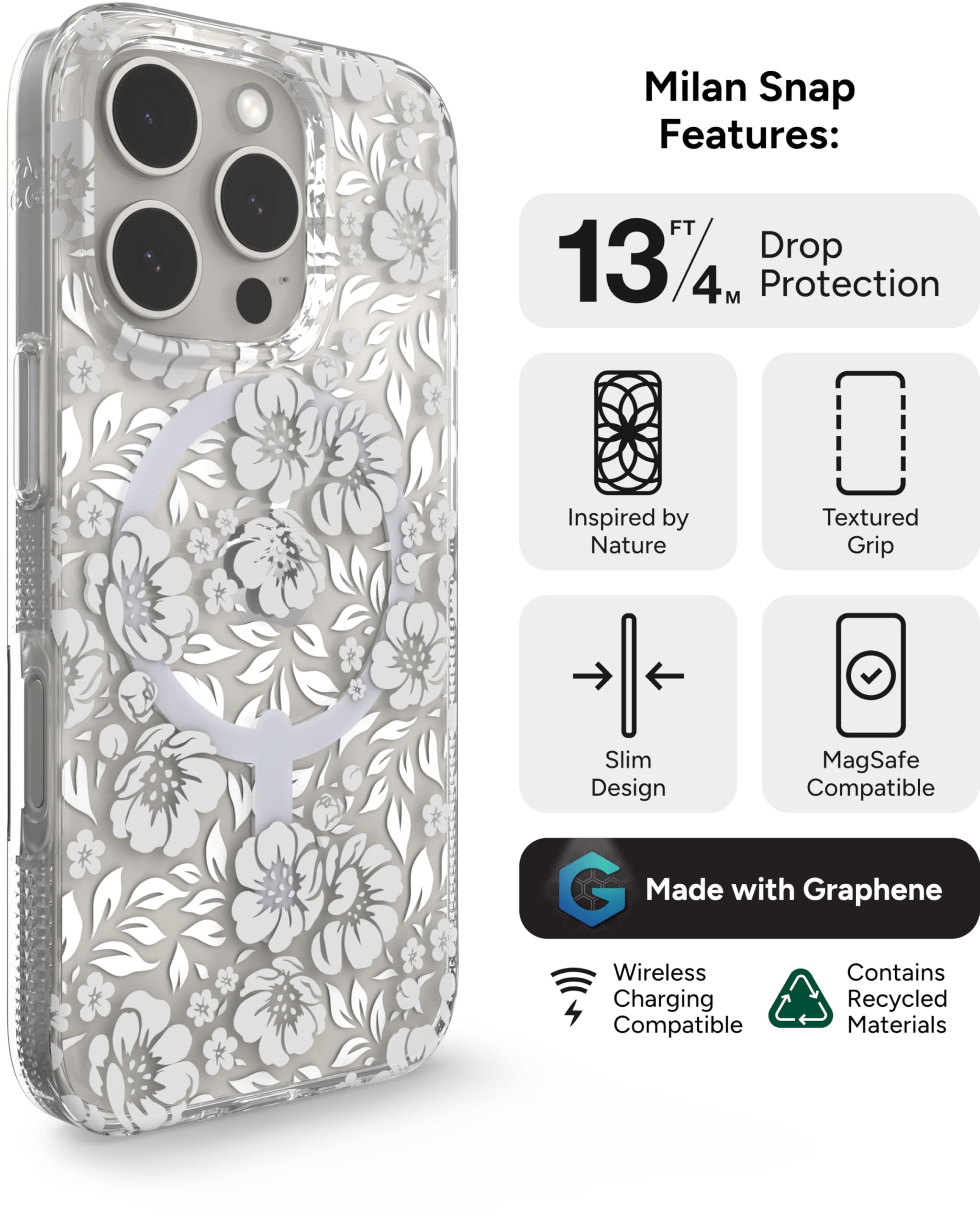 Foto 4 pulgar | Funda De Teléfono Zagg Milan Snap Para Iphone 16 Pro Con Estampado Floral Blanco - Venta Internacional.