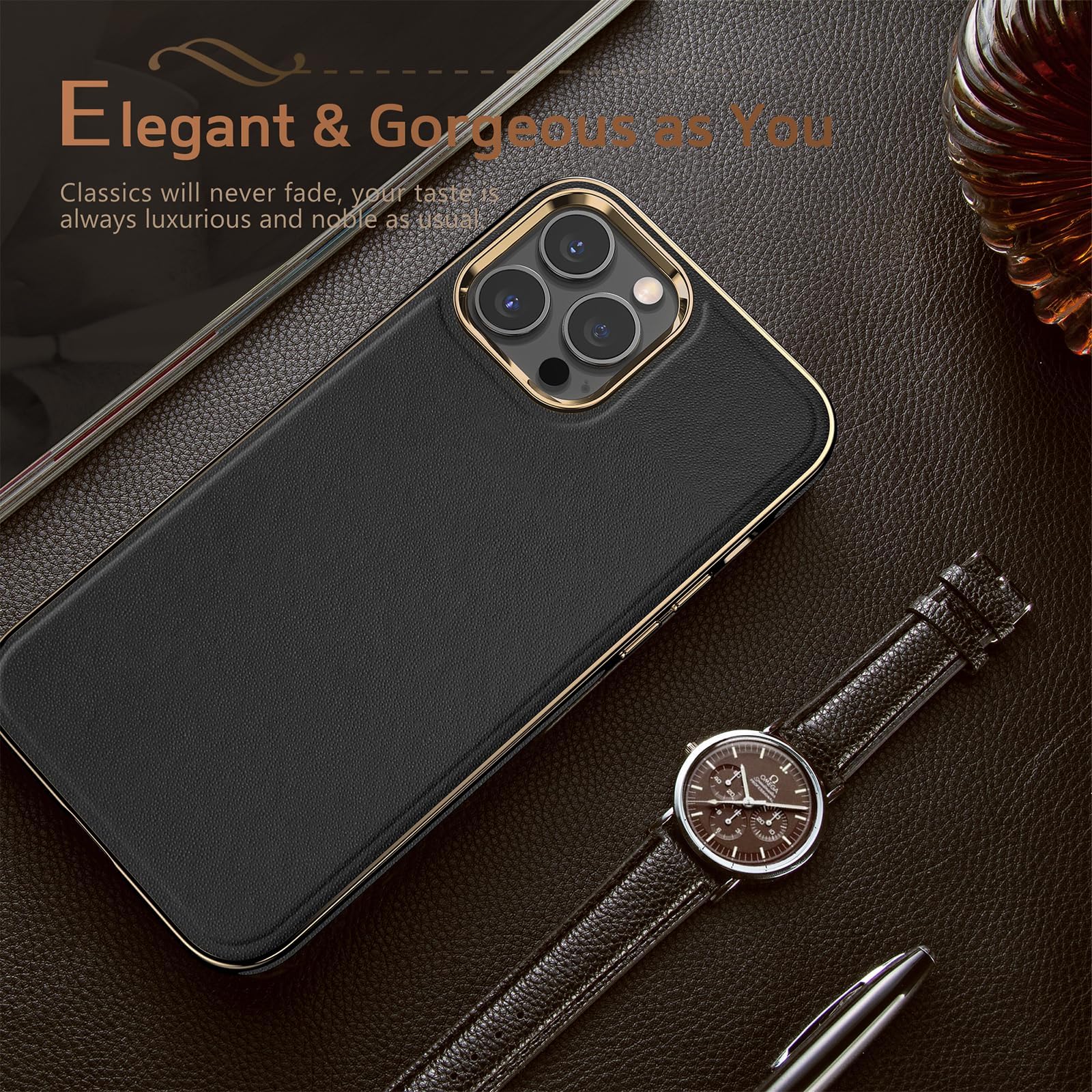 Foto 7 pulgar | Funda De Piel Lohasic Para Iphone 16 Pro Max Con Magsafe Black Gold - Venta Internacional.