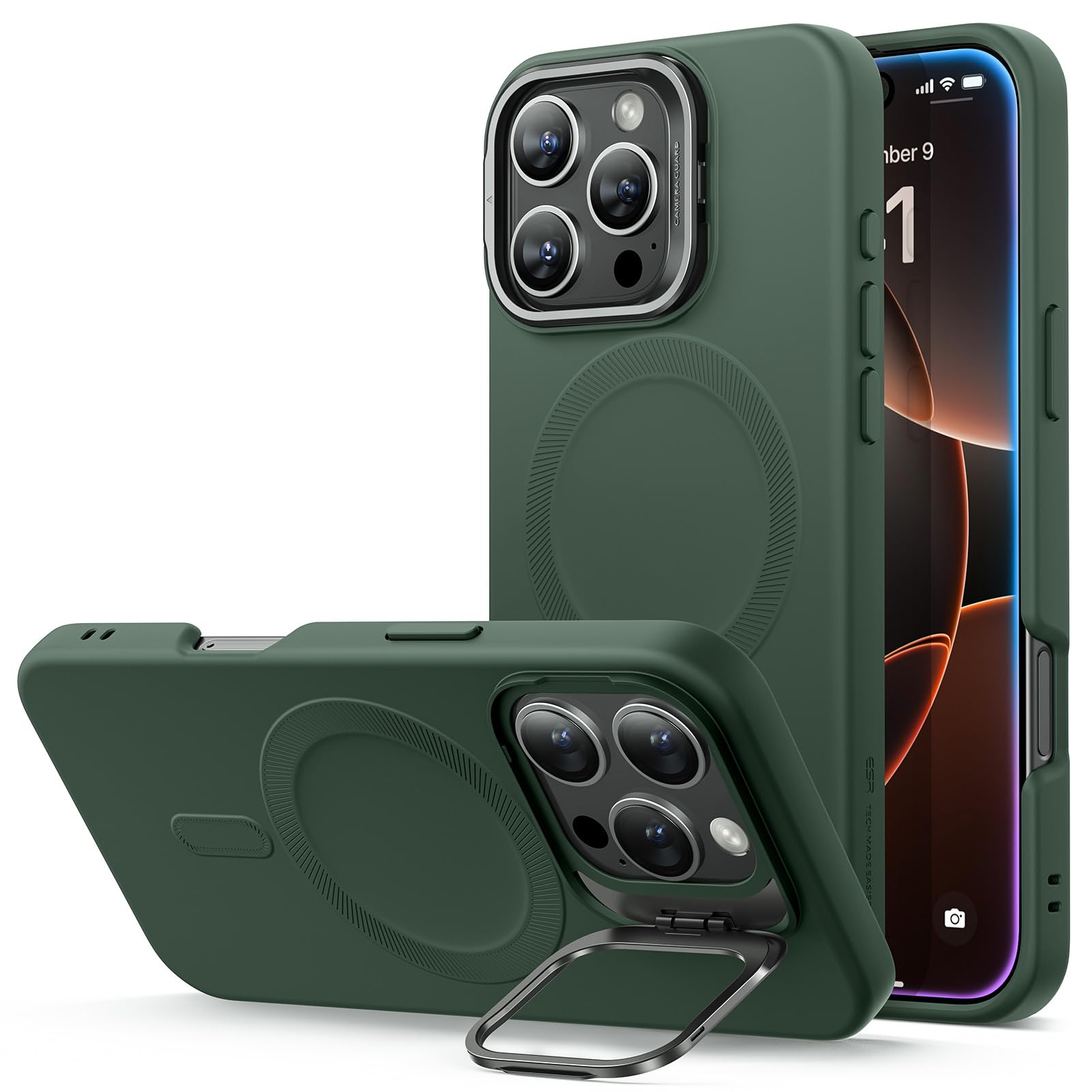 Foto 2 pulgar | Funda Esr Para Iphone 16 Pro De Silicona Con Soporte Verde - Venta Internacional.