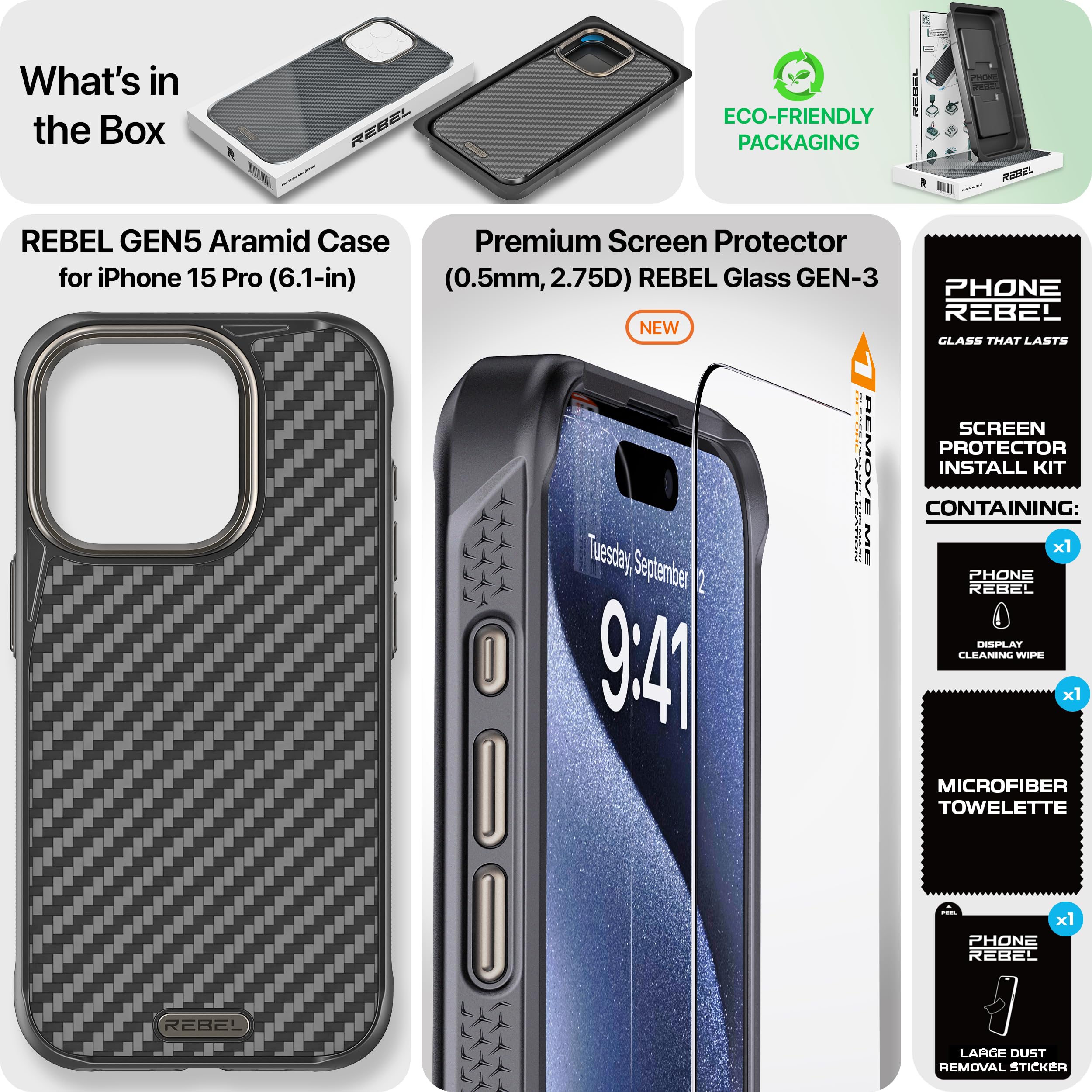 Foto 7 pulgar | Funda Rebel Para Iphone 15 Pro Gen 5 De Fibra De Aramida Negra De 6.1 Pulgadas - Venta Internacional.
