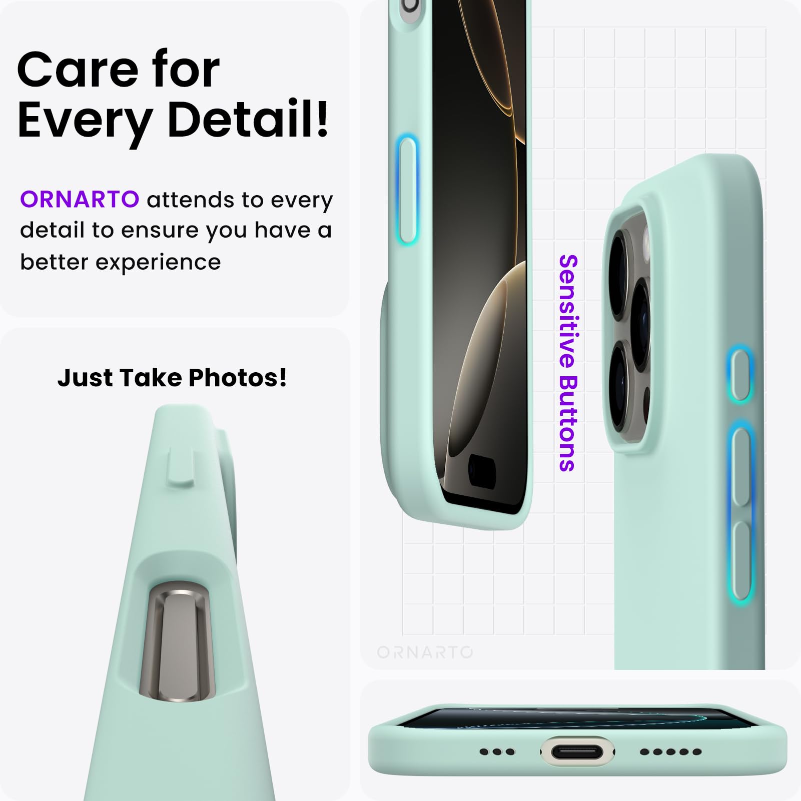 Foto 5 | Funda De Teléfono Ornarto Compatible Con Iphone 16 Pro 6.3 - Verde Menta - Venta Internacional.