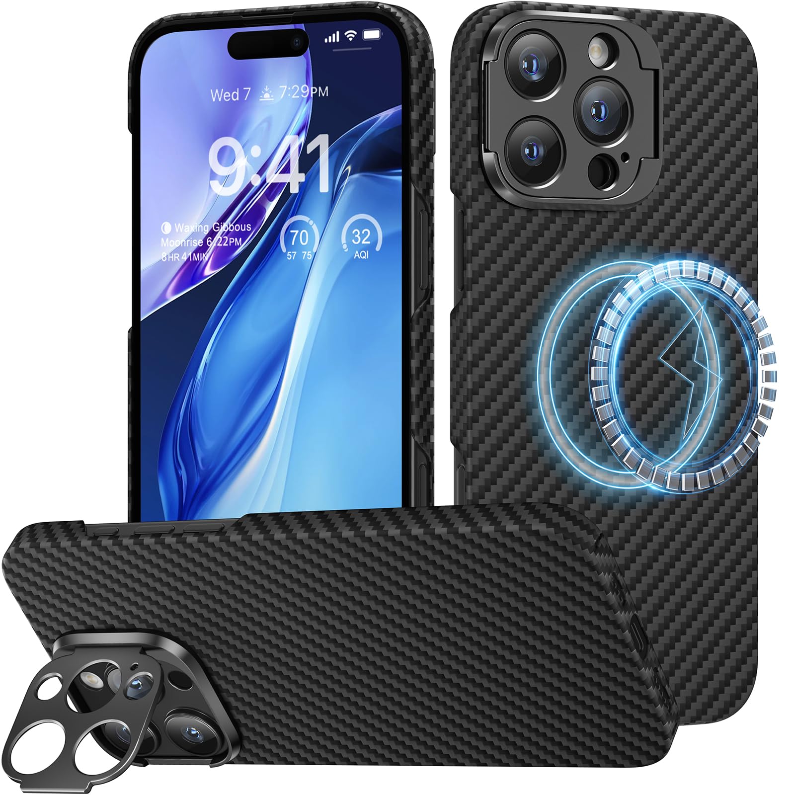 Funda Memumi Para Iphone 16 Pro Max De Fibra De Carbono Con Soporte, Color Negro - Venta Internacional.