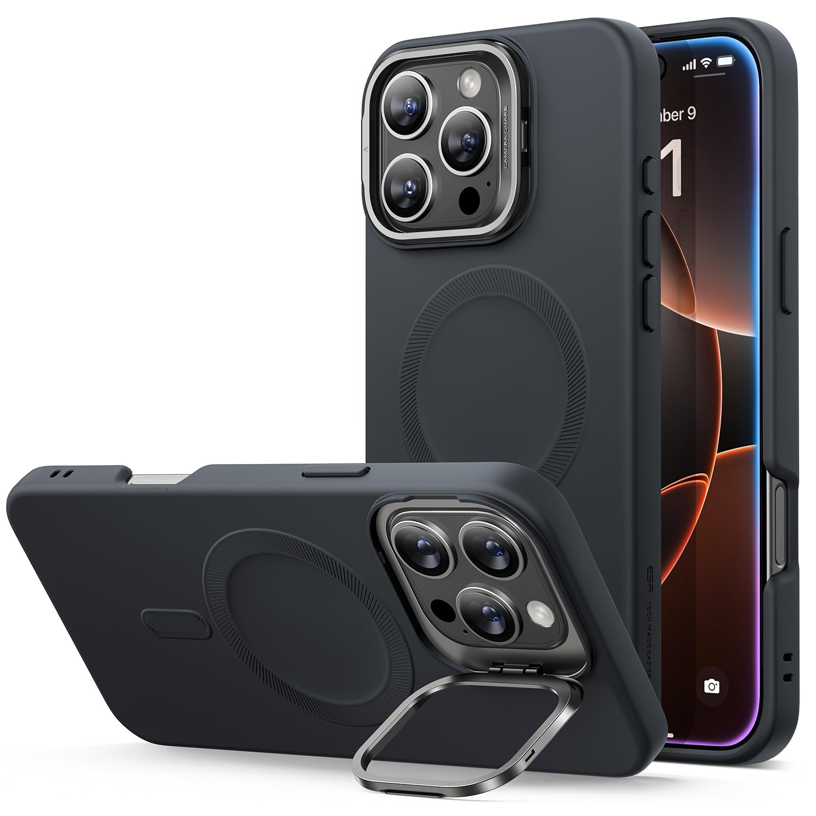 Foto 2 pulgar | Funda De Silicona Esr Con Soporte Para Iphone 16 Pro Max Negra - Venta Internacional.