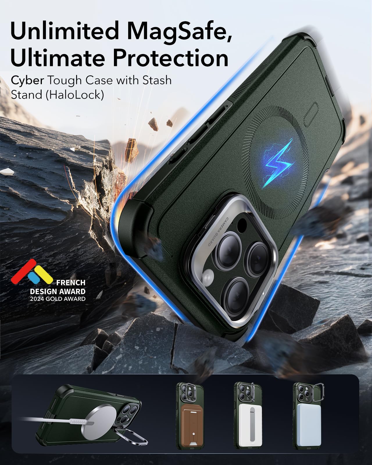 Foto 4 pulgar | Funda De Teléfono Esr Cyber Series Con Soporte Para Iphone 15 Pro Max, Color Verde - Venta Internacional.