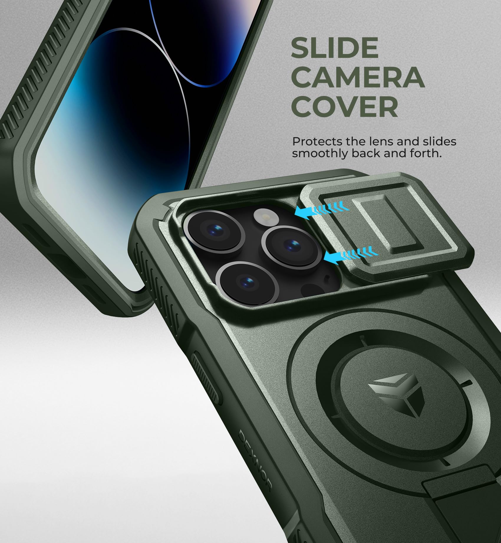 Foto 5 pulgar | Funda Dexnor Para Iphone 14 Pro Con Cámara Deslizante, Color Verde Militar - Venta Internacional.