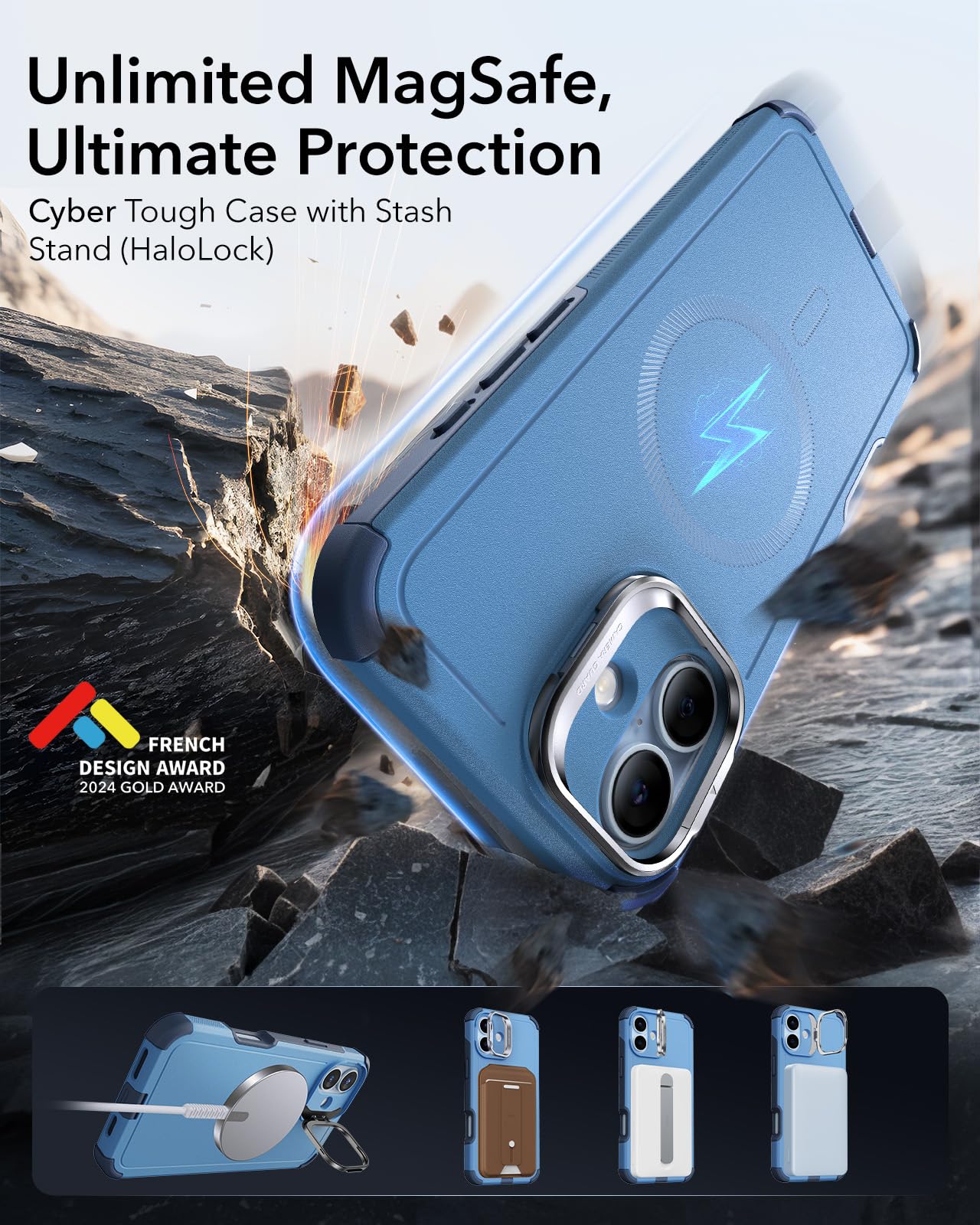 Foto 4 pulgar | Funda De Teléfono Esr Para Iphone 16 Con Soporte De 23 M, Protección Contra Caídas, Azul Claro - Venta Internacional.