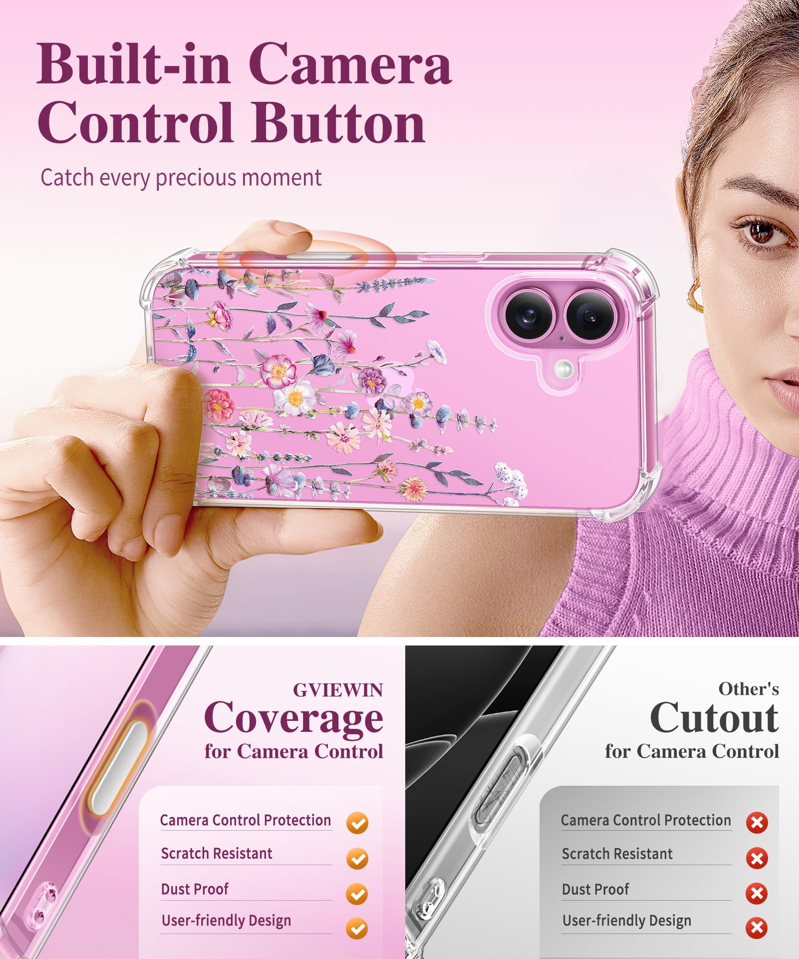 Foto 6 pulgar | Funda De Teléfono Gviewin Para Iphone 16 6.1 Con Protector De Pantalla Floral - Venta Internacional.