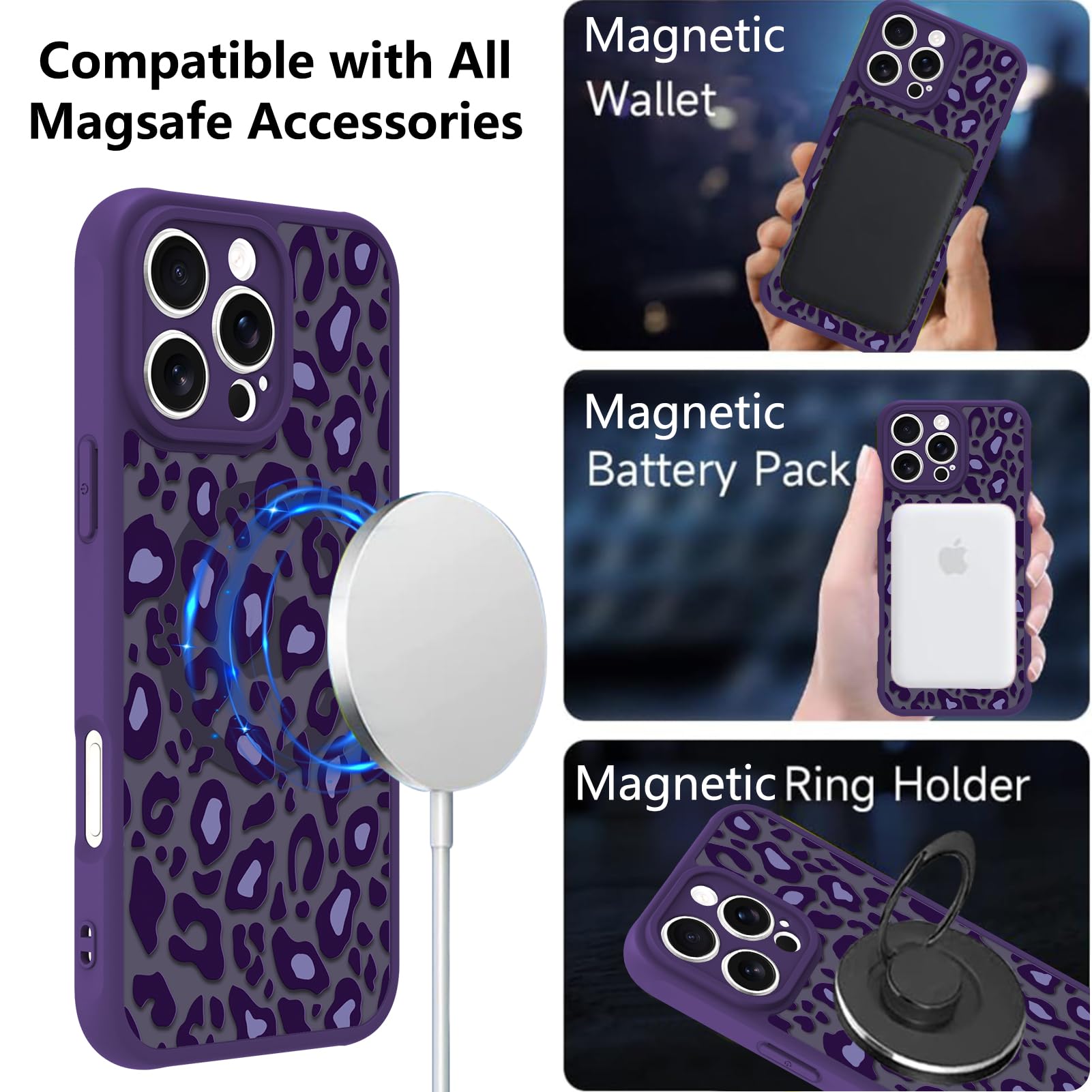 Foto 3 pulgar | Funda Kanghar Para Iphone 16 Pro Con Estampado De Leopardo Morado Magsafe - Venta Internacional.