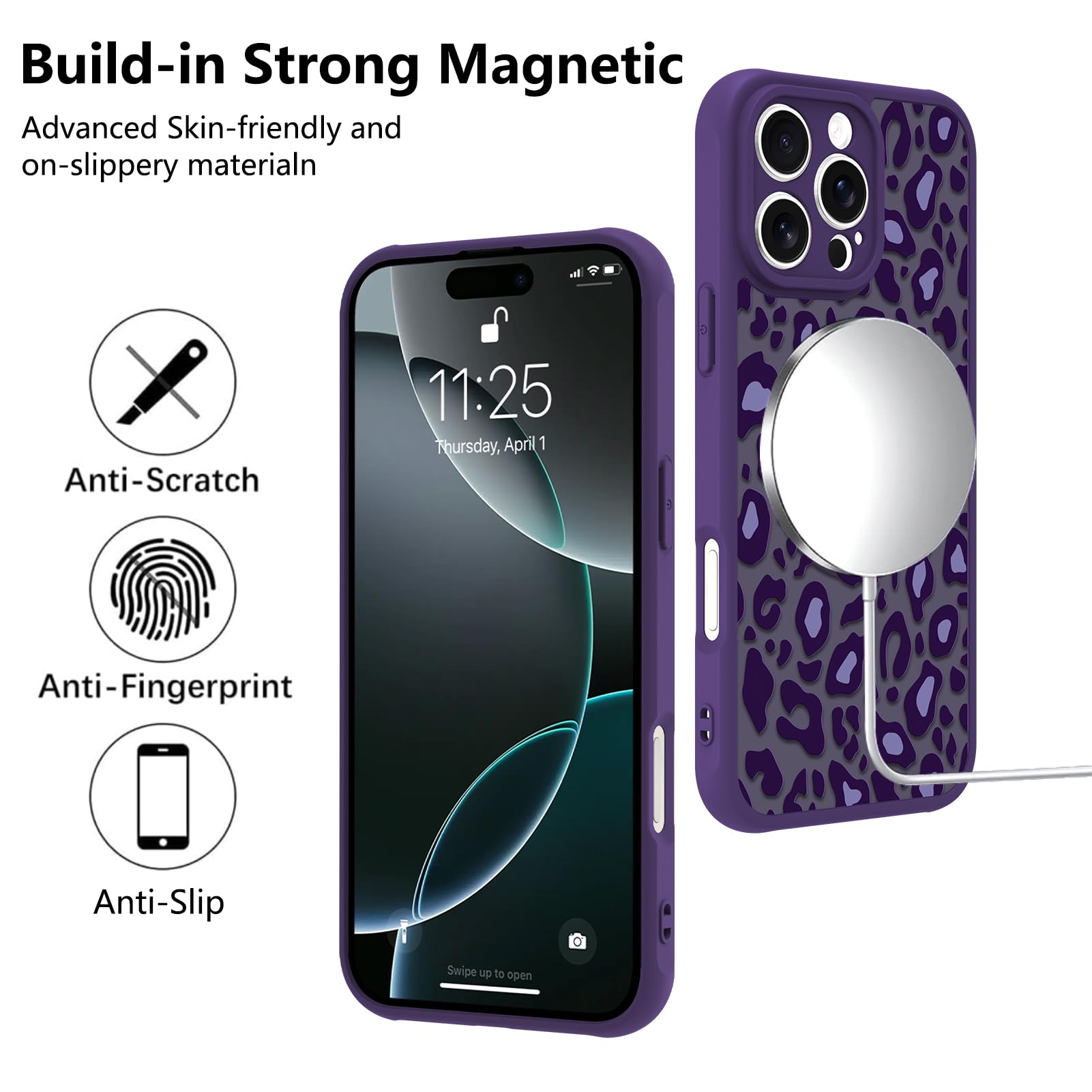 Foto 6 pulgar | Funda Kanghar Para Iphone 16 Pro Con Estampado De Leopardo Morado Magsafe - Venta Internacional.