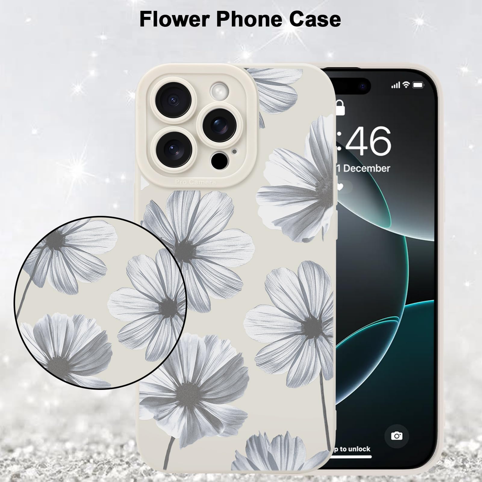 Foto 6 pulgar | Funda De Teléfono Mzelq Para Iphone 16 Pro Max De Silicona Con Estampado Floral Blanco - Venta Internacional.