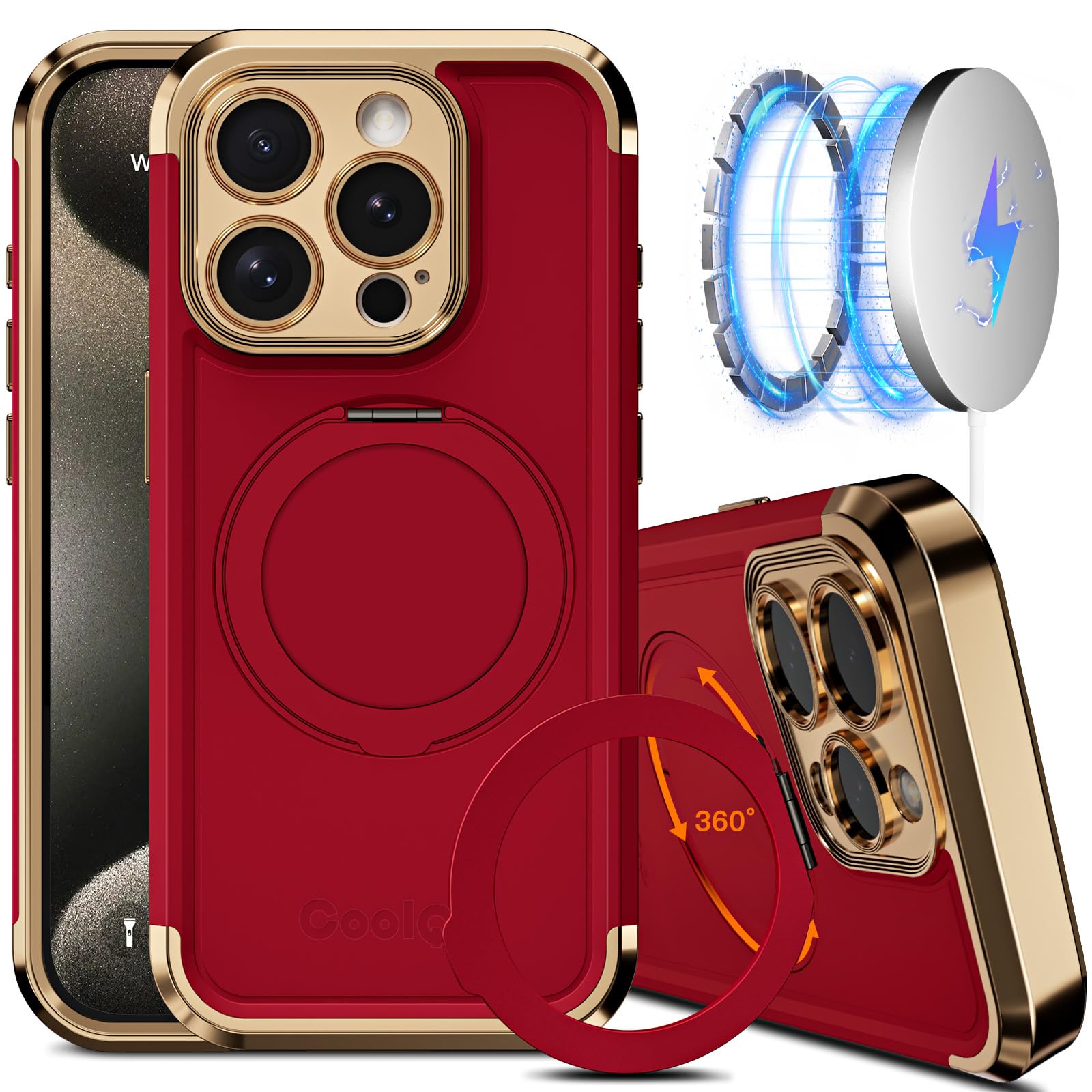 Funda Coolqo Para Iphone 15 Pro Max Con Soporte Magnético, Color Rojo - Venta Internacional.