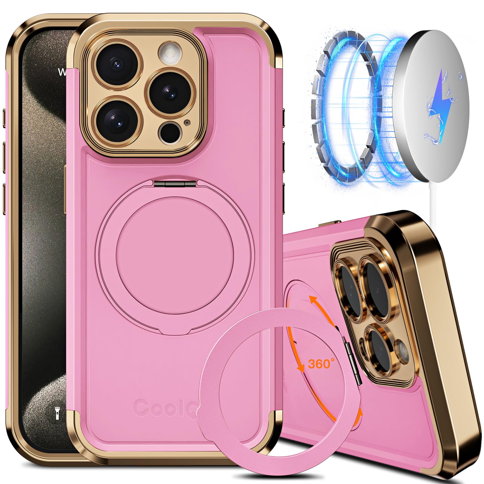 Funda Coolqo Para Iphone 15 Pro Max Con Soporte Magnético, Color Rosa - Venta Internacional.