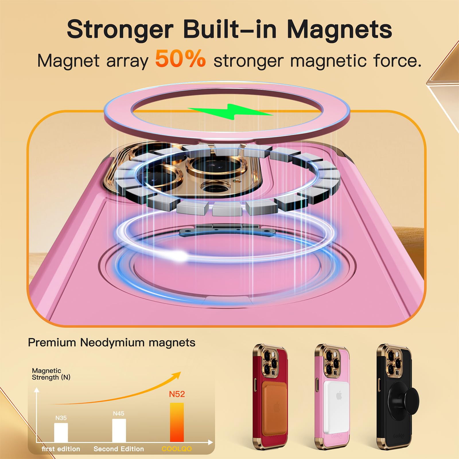 Foto 5 pulgar | Funda Coolqo Para Iphone 15 Pro Max Con Soporte Magnético, Color Rosa - Venta Internacional.