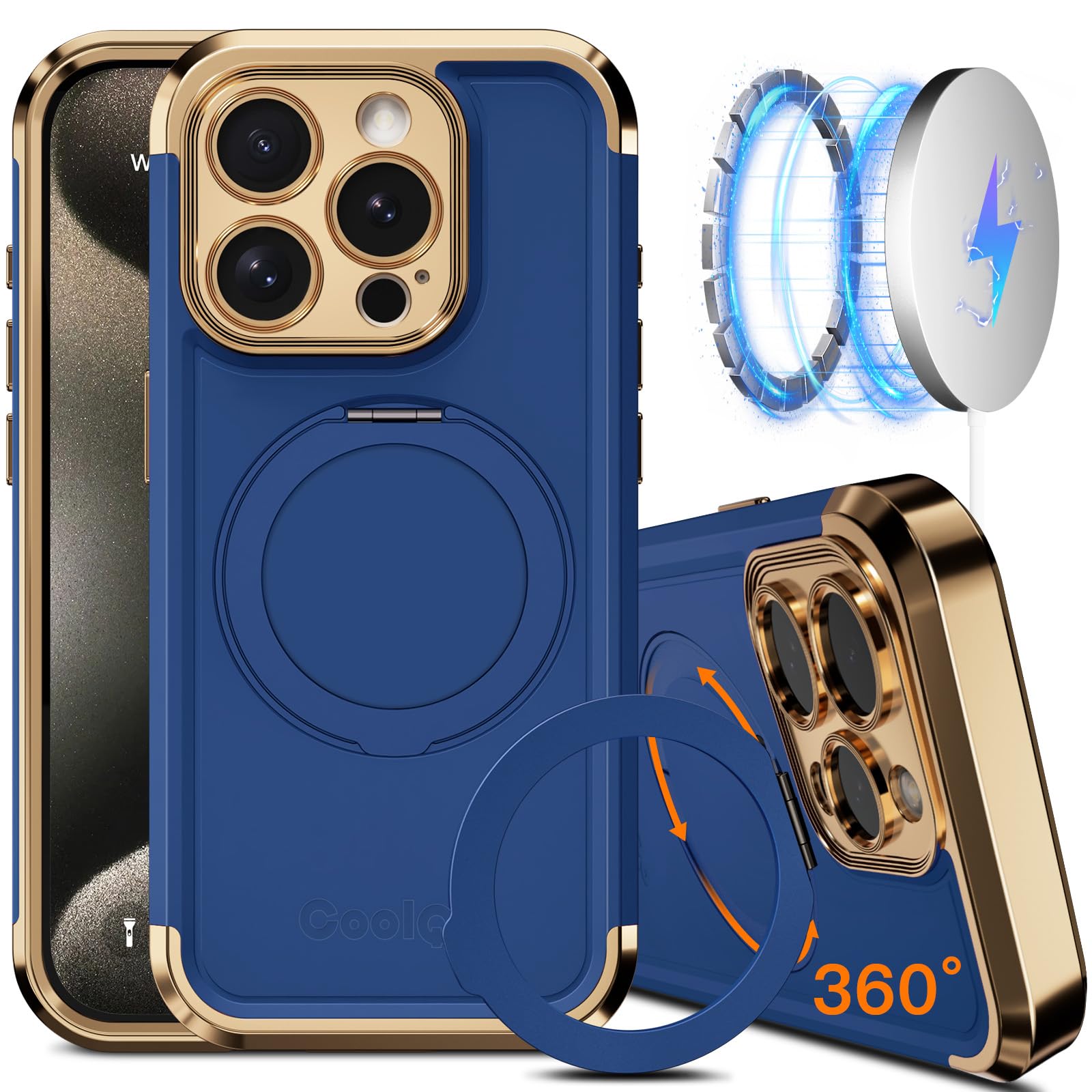 Funda De Teléfono Coolqo Para Iphone 15 Pro Max Con Soporte Magnético Azul - Venta Internacional.