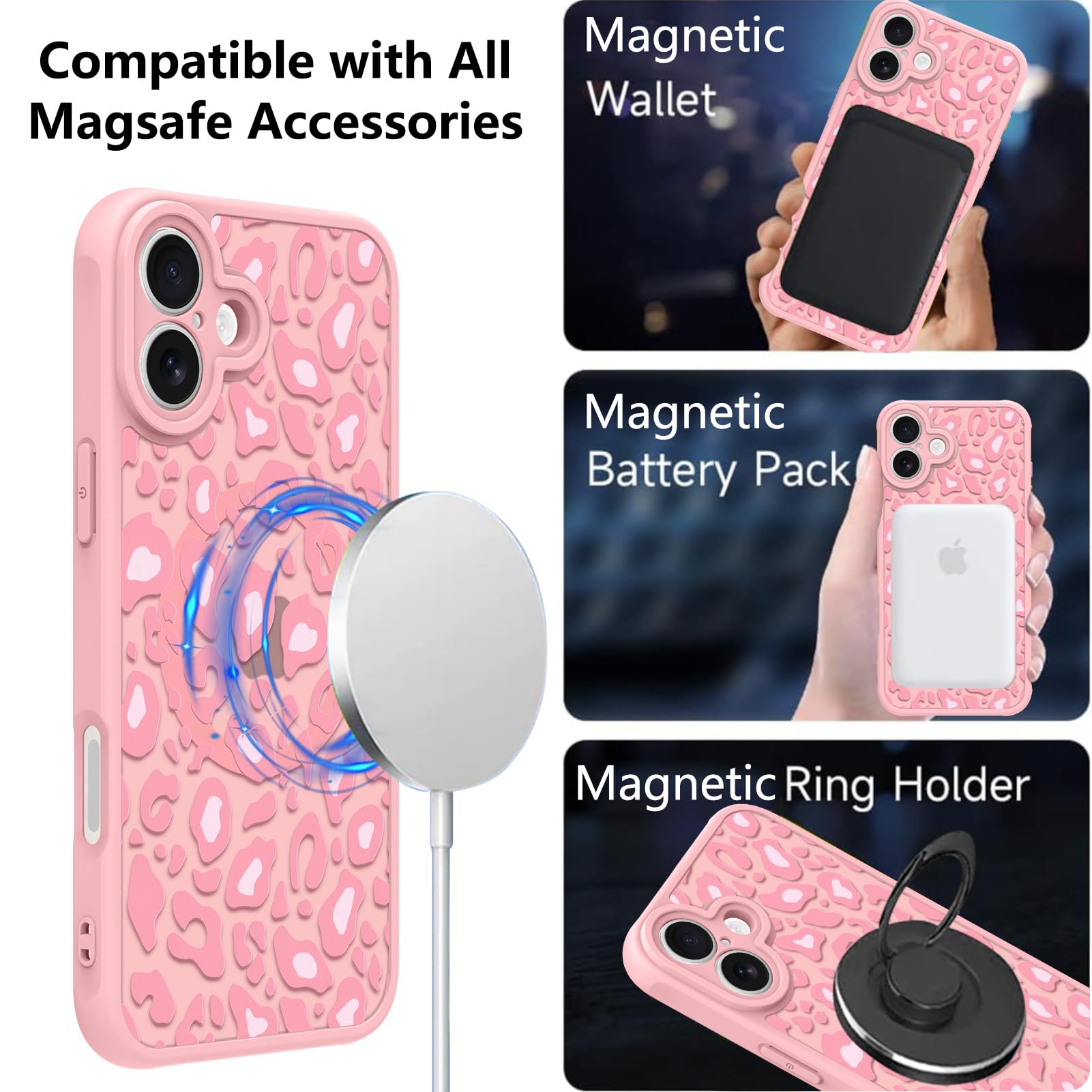 Foto 3 pulgar | Funda Kanghar Para Iphone 16 Con Estampado De Leopardo Rosa 6.1 Y Magsafe - Venta Internacional.