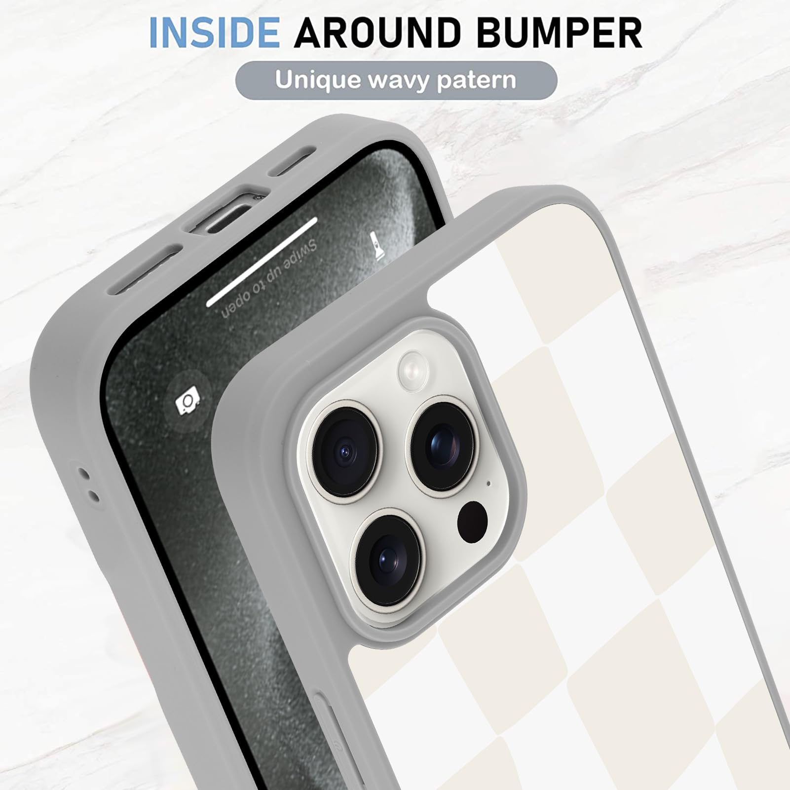 Foto 5 pulgar | Funda De Teléfono Kanghar Para Iphone 15 Pro Max A Cuadros, Gris Y Blanco - Venta Internacional.