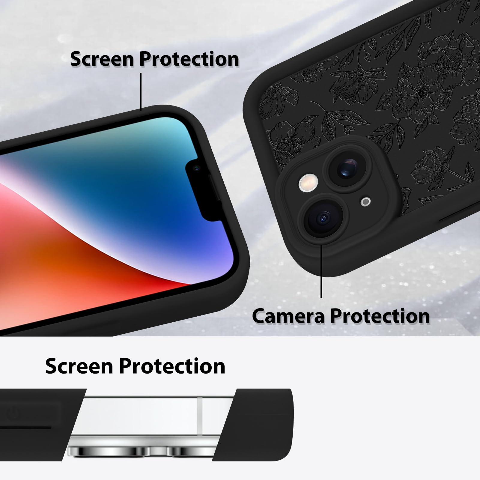 Foto 5 pulgar | Funda De Teléfono Mzelq Para Iphone 14 Pro De Silicona Con Estampado Floral Negro - Venta Internacional.