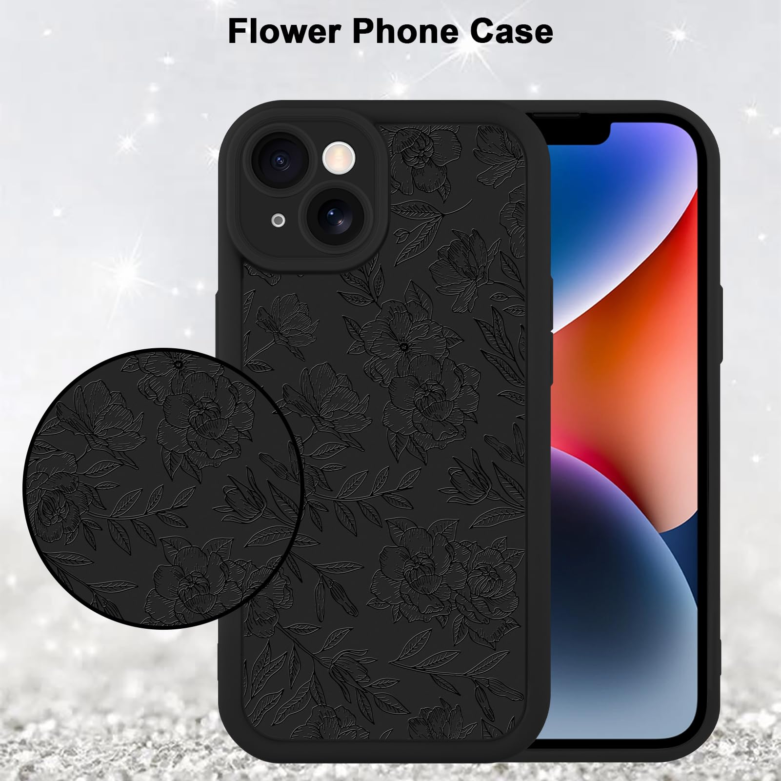 Foto 6 pulgar | Funda De Teléfono Mzelq Para Iphone 14 Pro De Silicona Con Estampado Floral Negro - Venta Internacional.