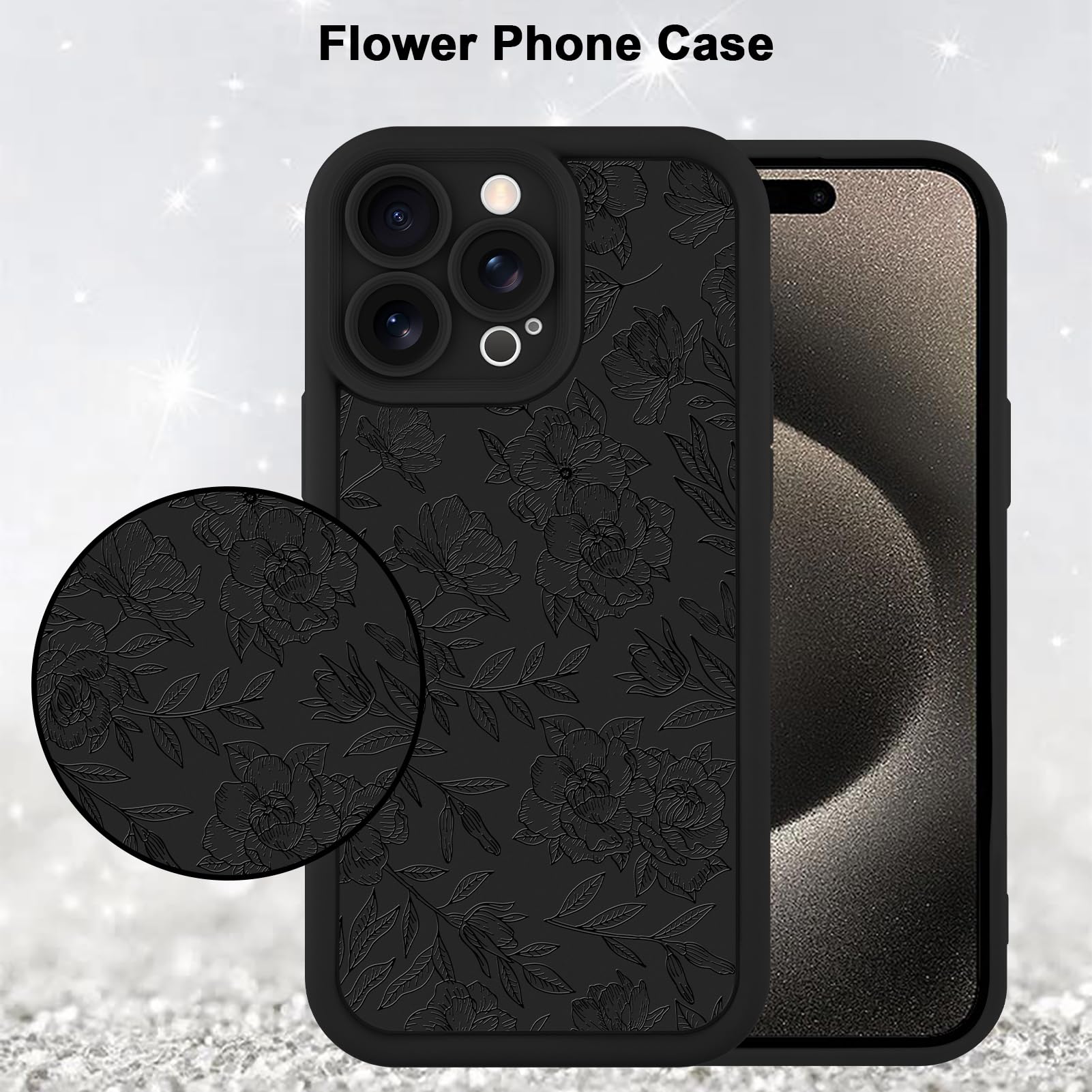 Foto 6 pulgar | Funda De Teléfono Mzelq Para Iphone 15 Pro Max De Silicona Con Estampado Floral Negro - Venta Internacional.