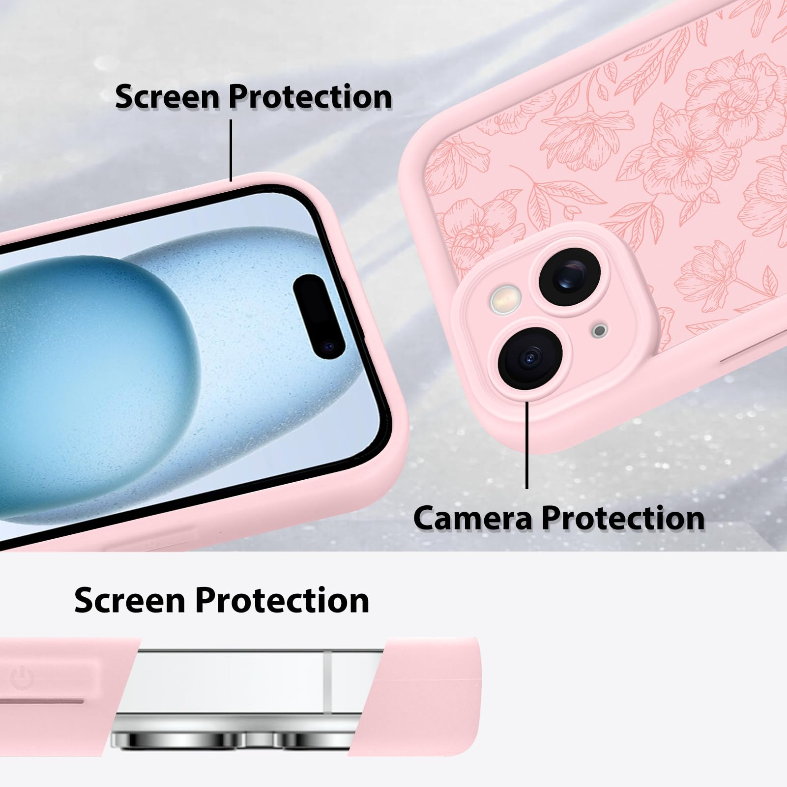 Foto 5 pulgar | Funda De Teléfono Mzelq Para Iphone 15 De Silicona Con Flores Florales Rosas - Venta Internacional.