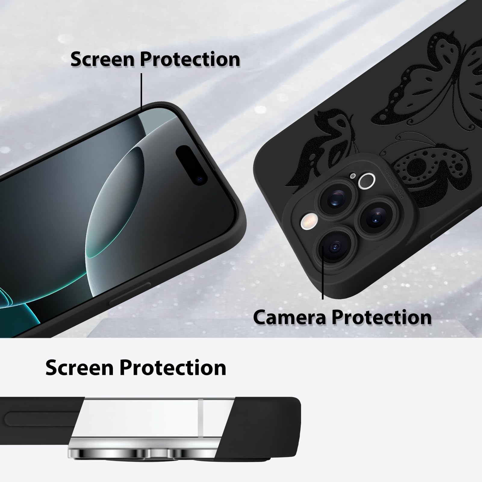 Foto 5 pulgar | Funda De Teléfono Mzelq Para Iphone 16 Pro De Silicona Con Forma De Mariposa Negra - Venta Internacional.