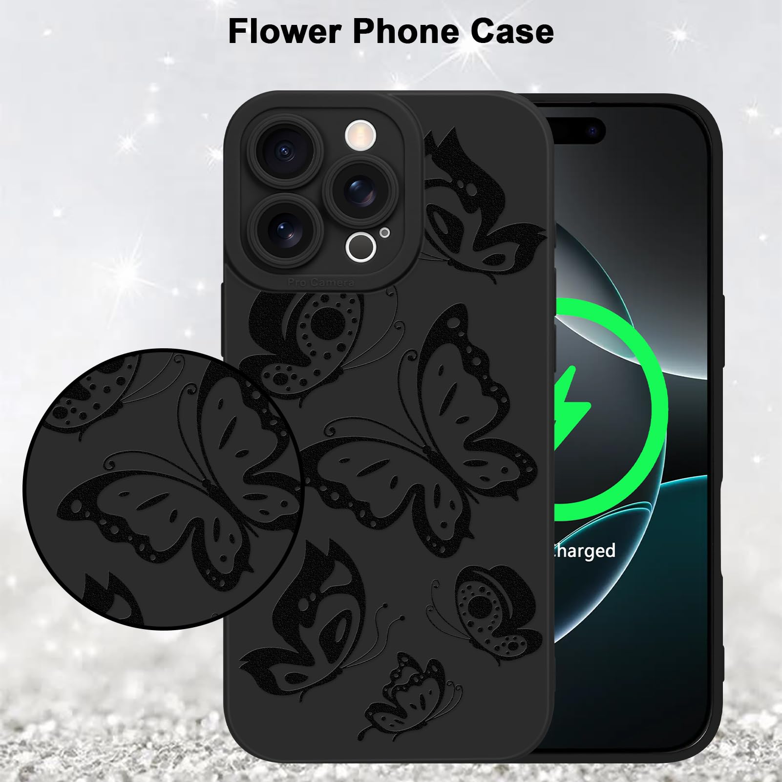 Foto 6 pulgar | Funda De Teléfono Mzelq Para Iphone 16 Pro De Silicona Con Forma De Mariposa Negra - Venta Internacional.